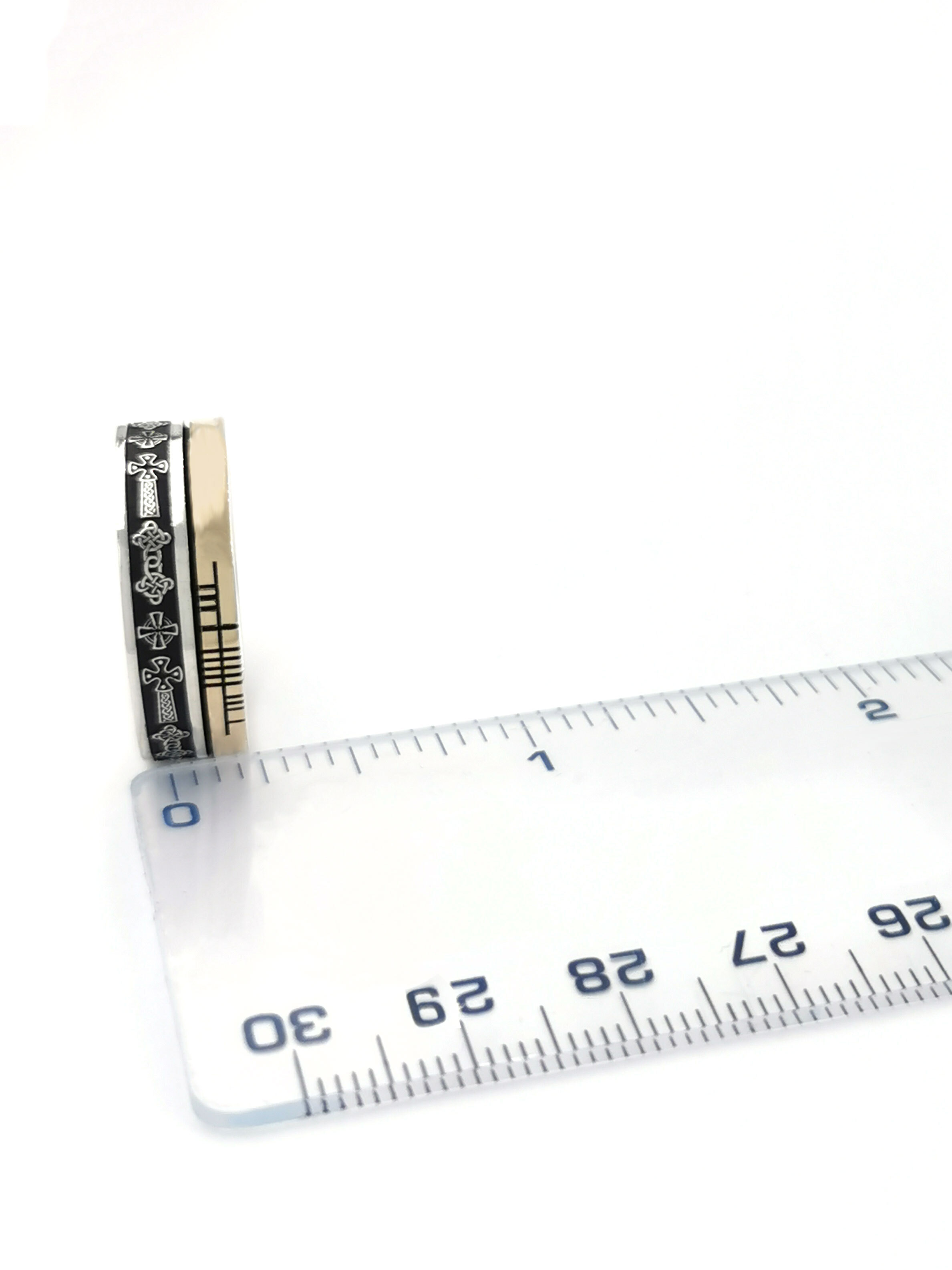 Real Oxidised Sterling Silver & 10K Yellow Gold Celtic Cross 7.3mm Ring. Picture For Scale.