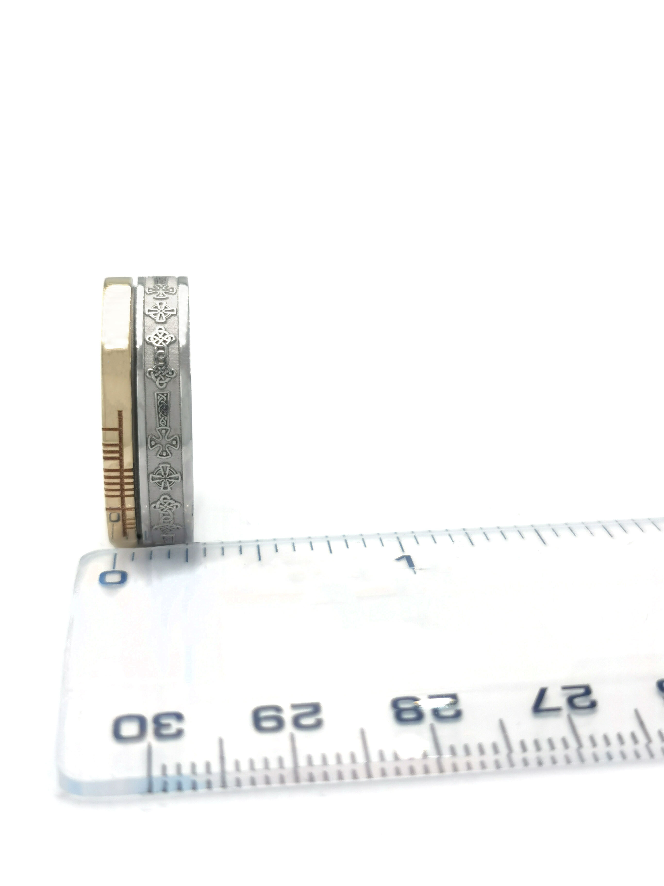 Genuine Florentine Sterling Silver & 10K Yellow Gold Celtic Cross & Ogham 7.3mm Ring. Picture For Scale.