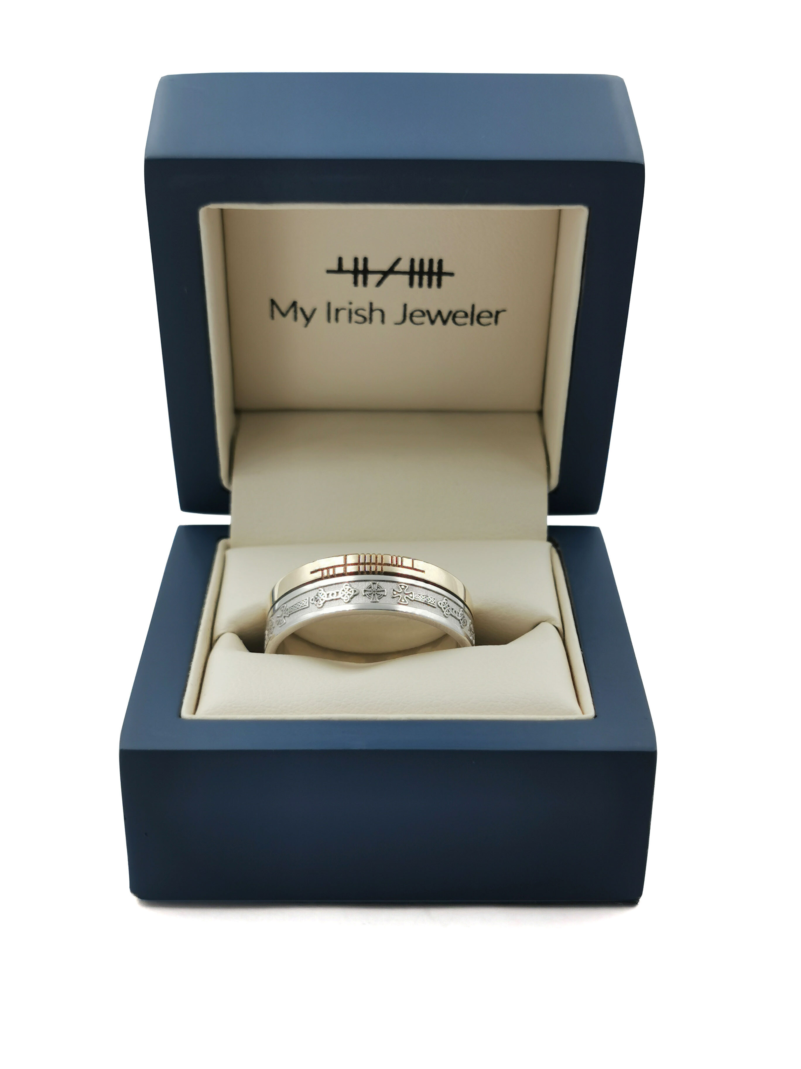 Gorgeous Sterling Silver & 10K Yellow Gold Celtic Cross & Ogham 7.3mm Ring With a Florentine Finish. Picture For Scale.