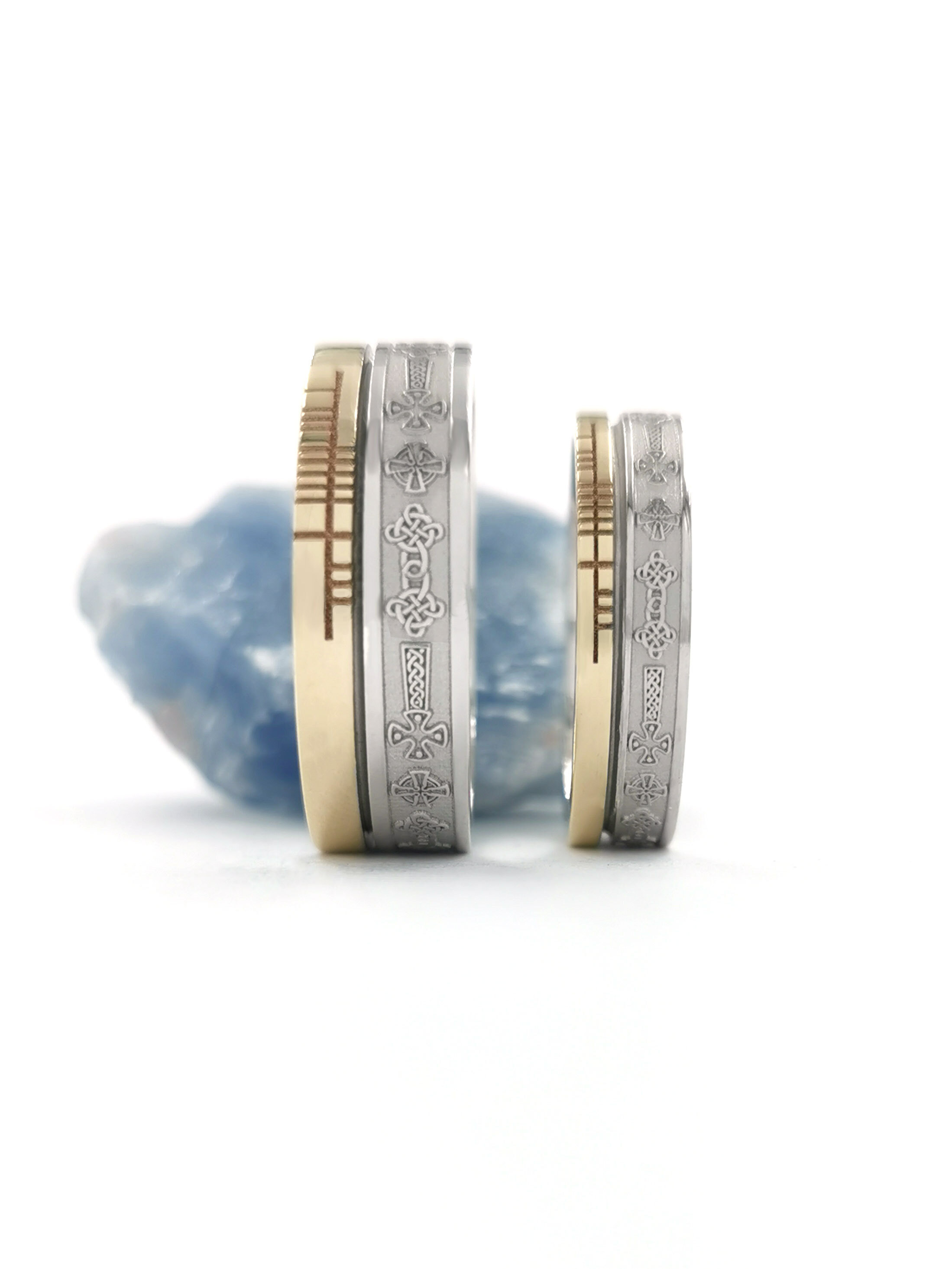 Genuine 10K White Gold & Yellow Gold Celtic Cross & Ogham 7.3mm Ring With a Florentine Finish