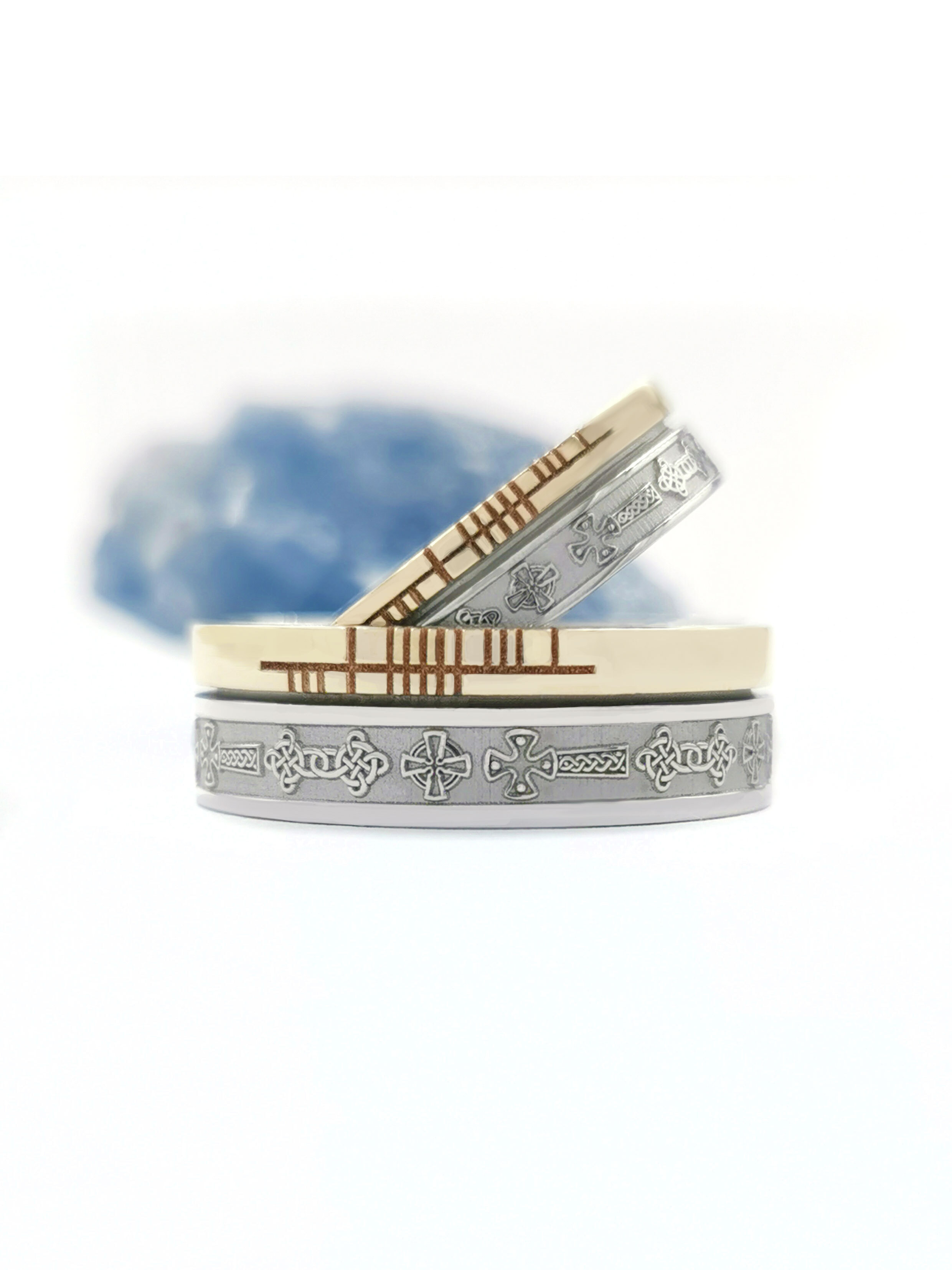 Gorgeous Sterling Silver & 10K Yellow Gold Celtic Cross & Ogham 7.3mm Ring With a Florentine Finish