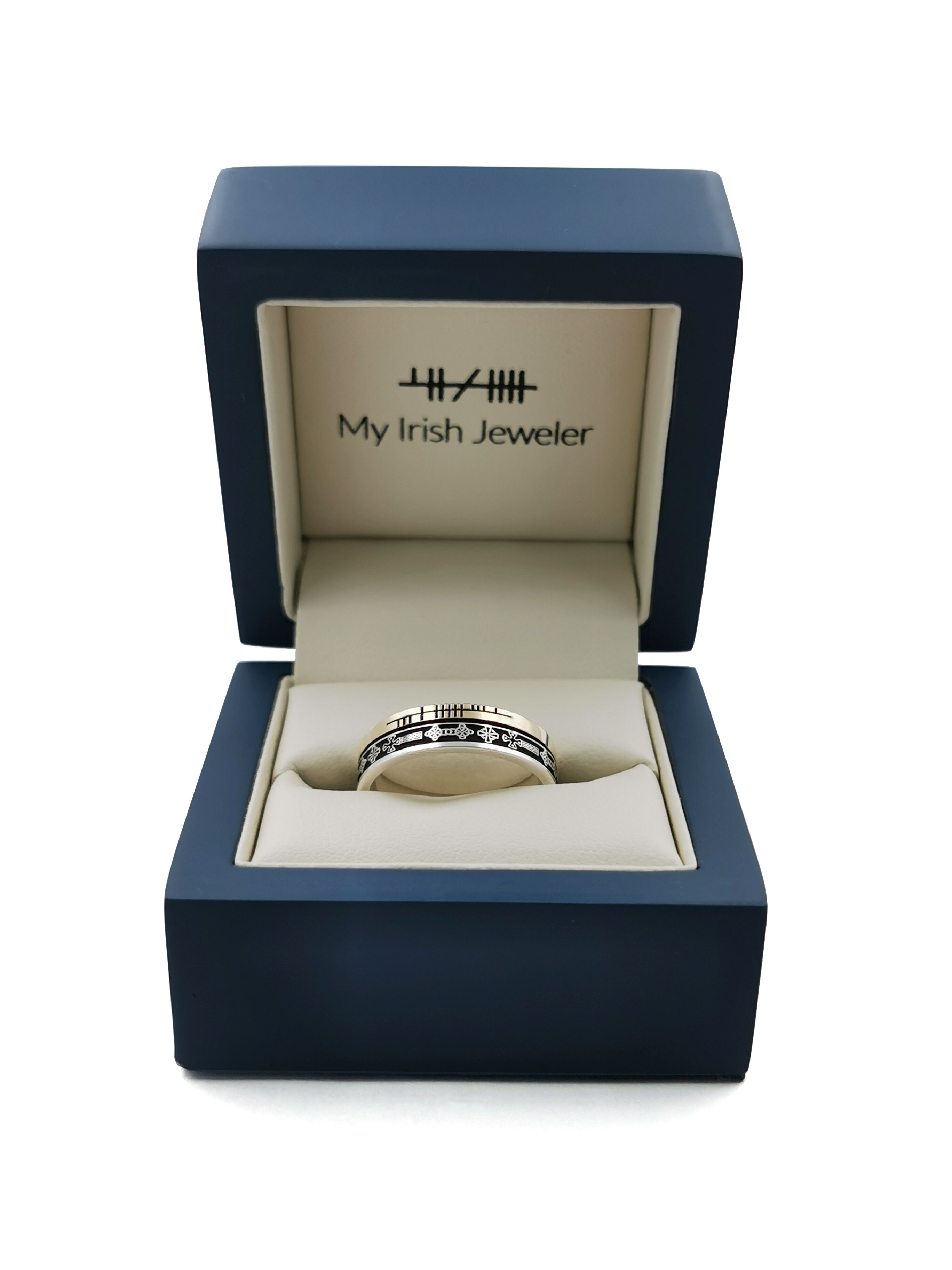 Gorgeous Sterling Silver & 10K Yellow Gold Celtic Cross Wedding Ring With a Oxidised Finish. In Luxury Packaging.