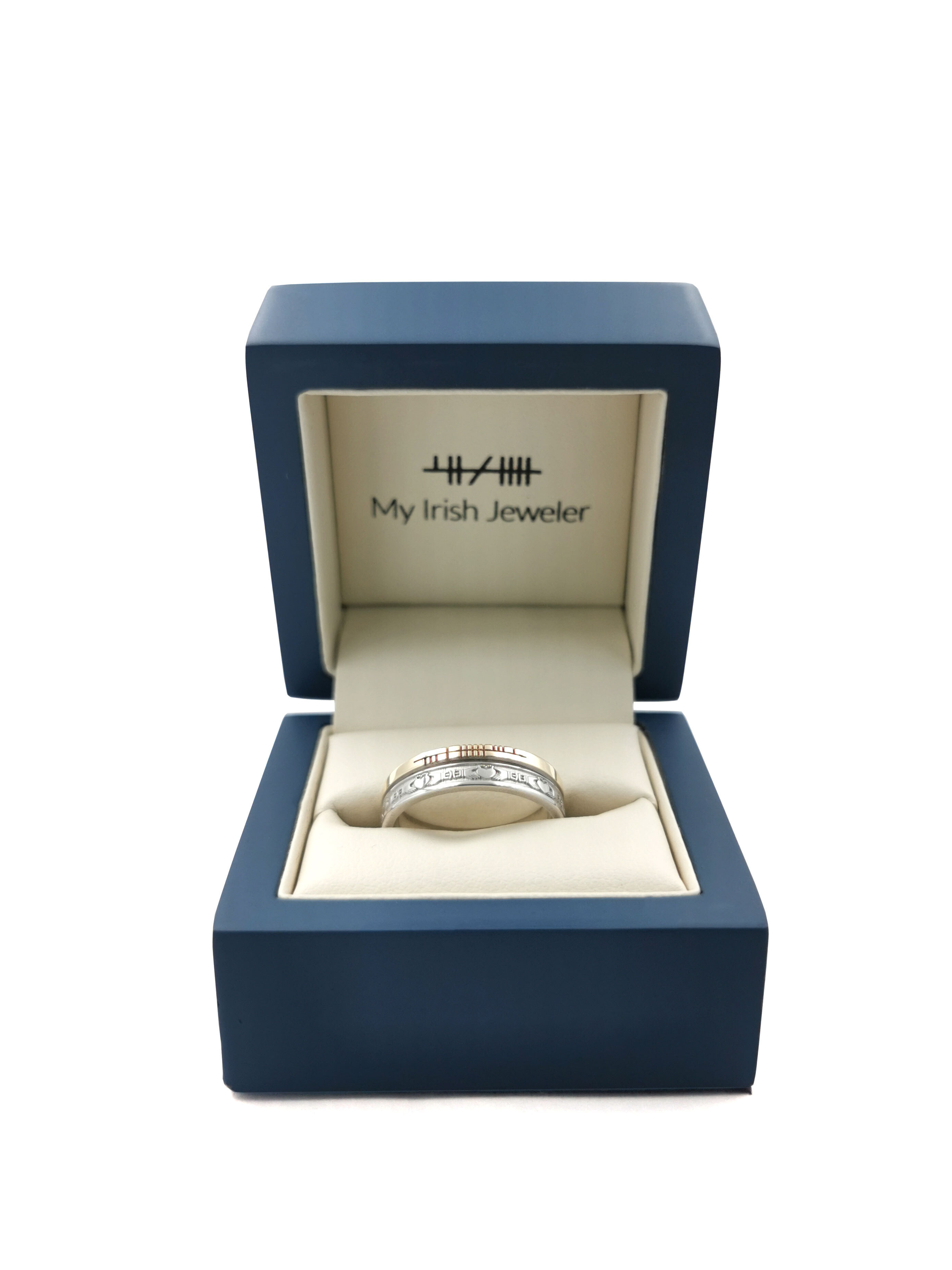 Florentine Ogham & Claddagh 7.3mm Ring in Real 10K White Gold & Yellow Gold. In Luxury Packaging.