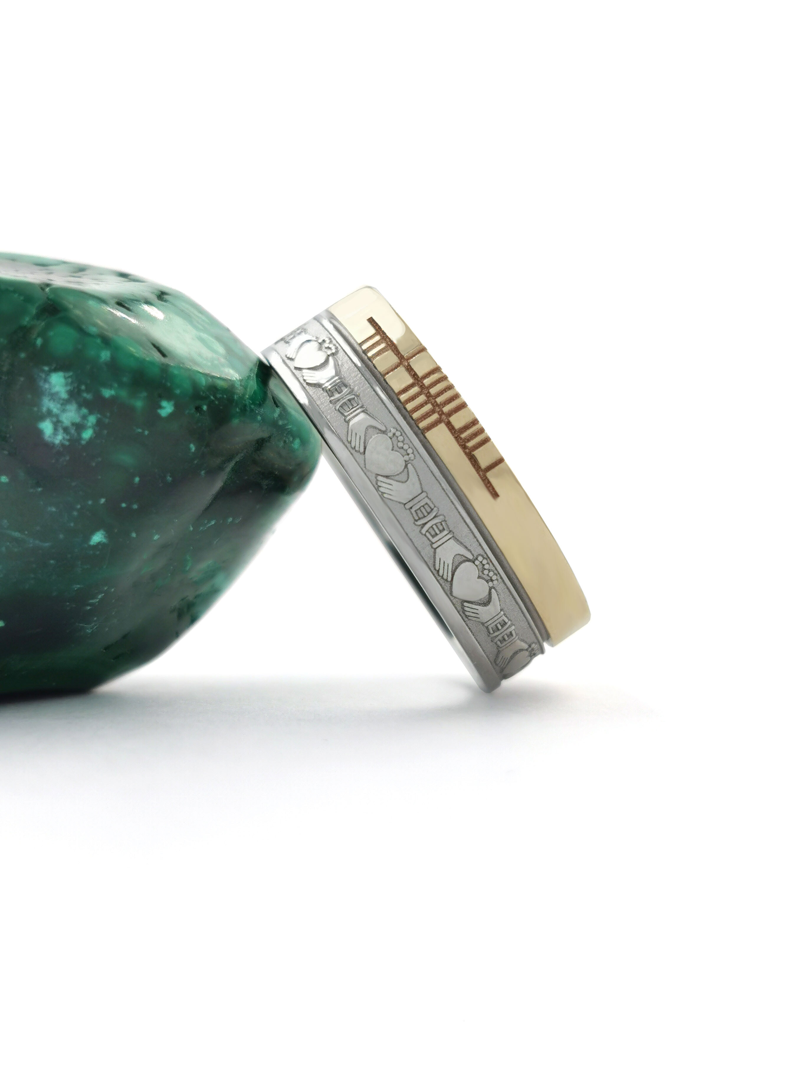 Authentic White Gold & Yellow Gold Ogham 7.3mm Ring With a Florentine Finish