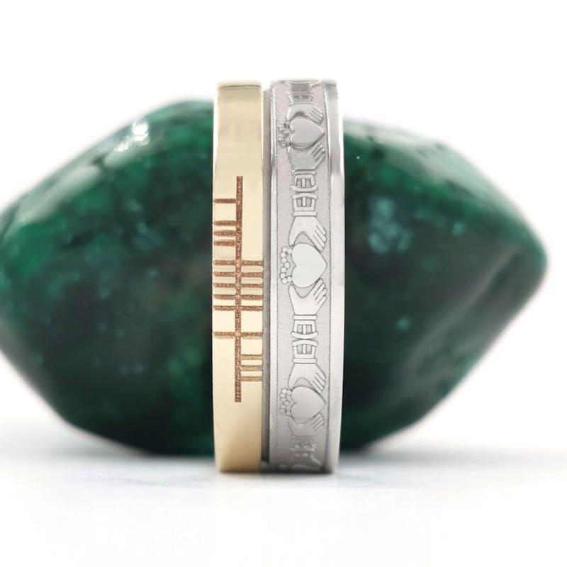 Genuine 10K White Gold & Yellow Gold Ogham & Claddagh 7.3mm Ring With a Florentine Finish
