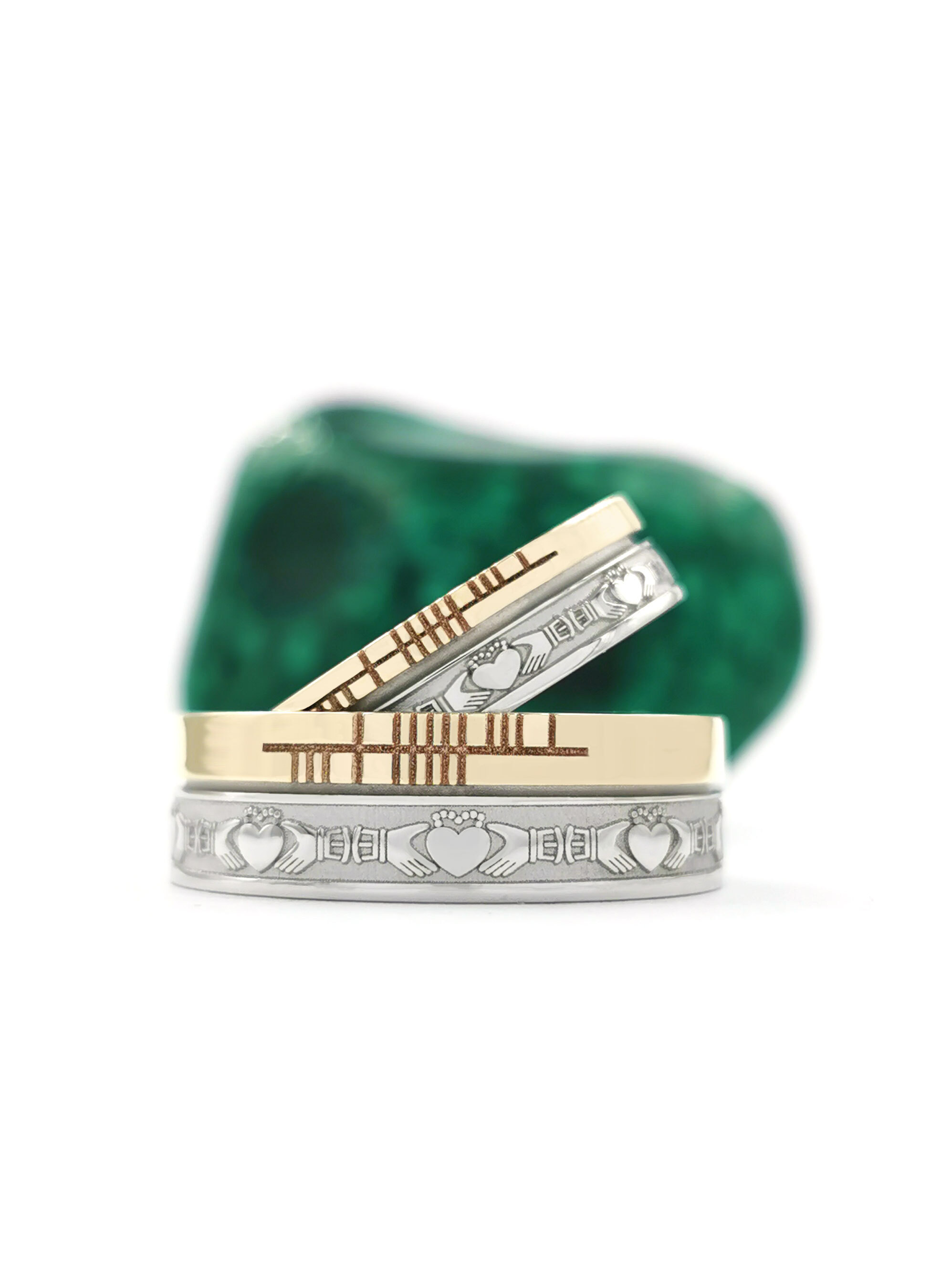 Florentine White Gold & Yellow Gold Ogham & Claddagh 7.3mm Ring