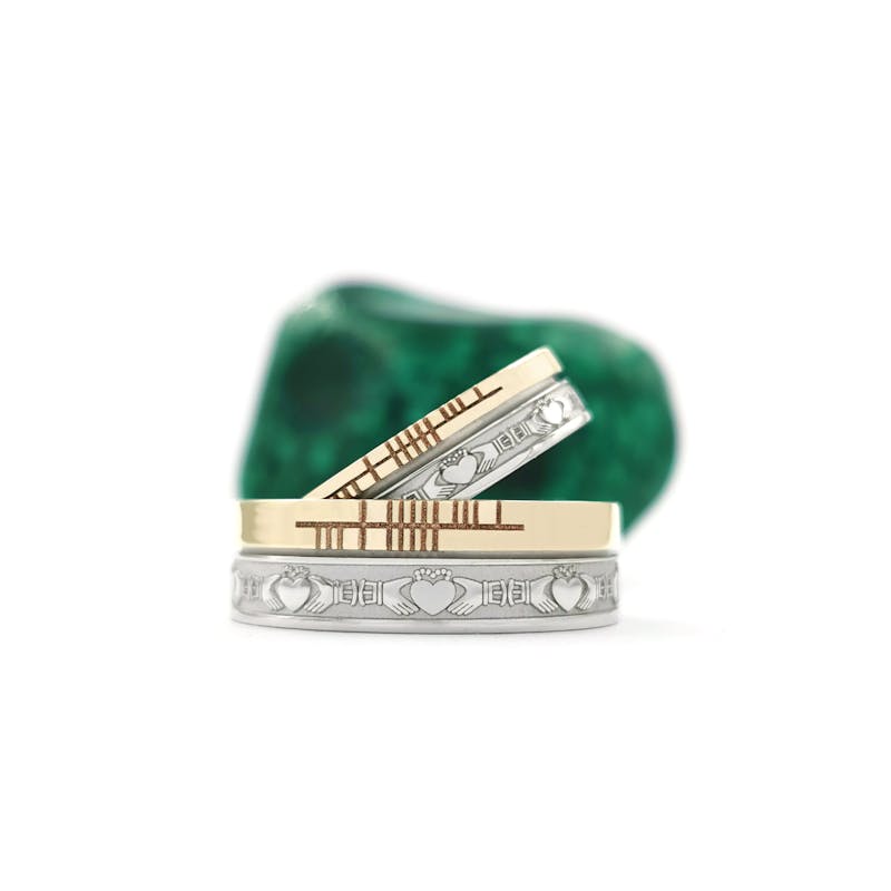 Florentine White Gold & Yellow Gold Ogham & Claddagh 7.3mm Ring