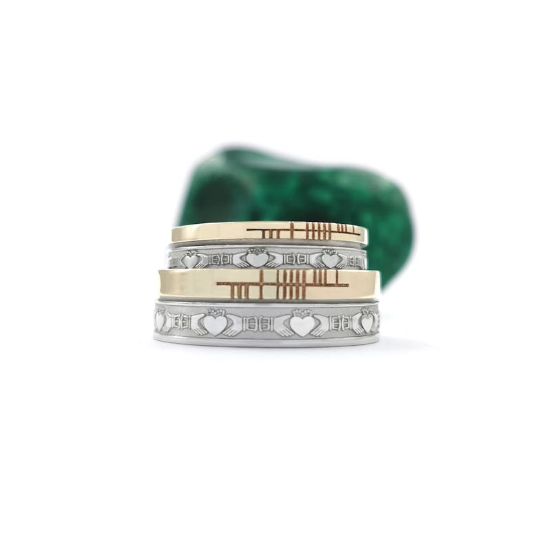Ogham Ring in White Gold & Yellow Gold With a Florentine Finish