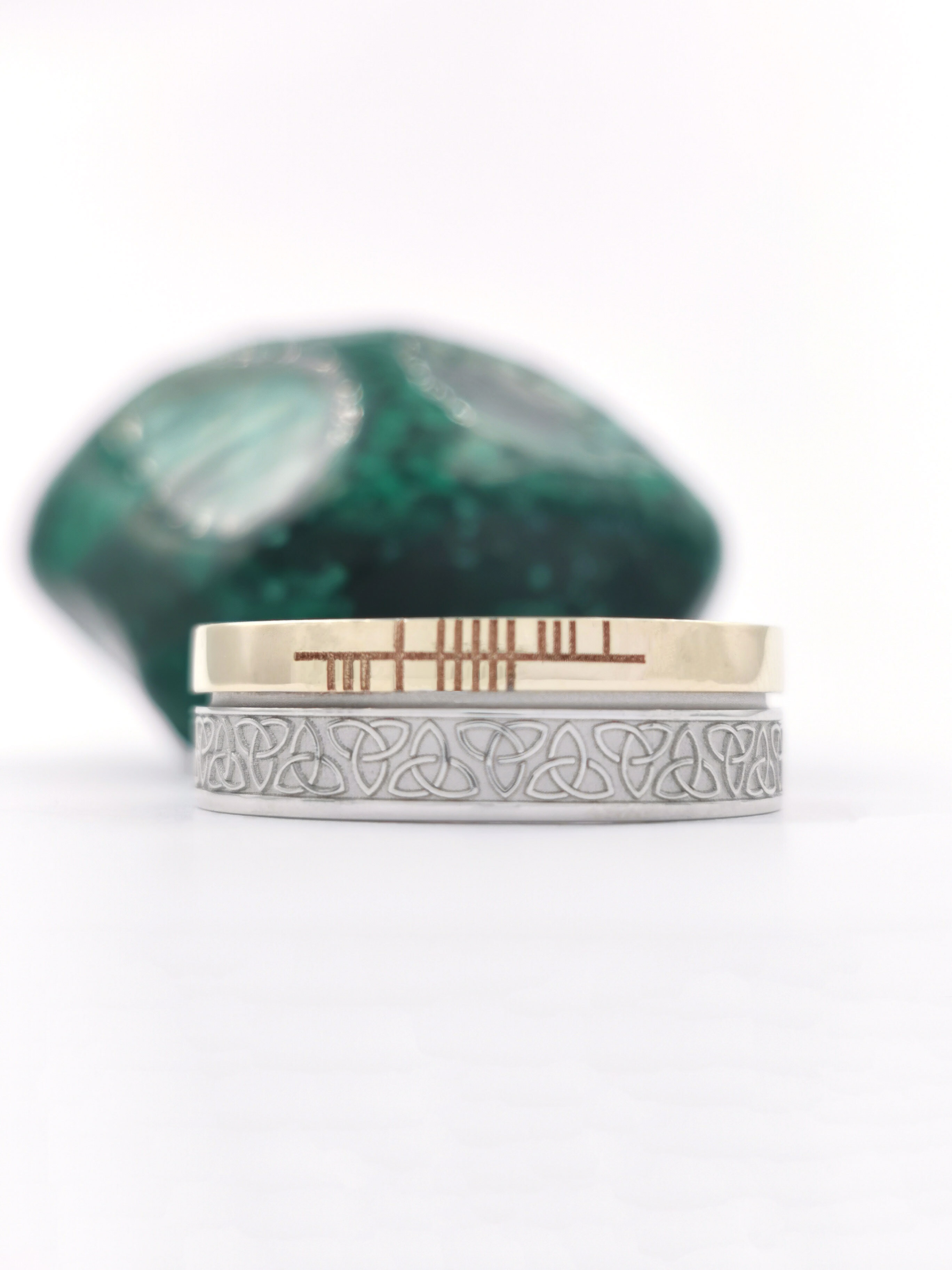 Ogham & Trinity Knot 7.3mm Ring in 10K White Gold & Yellow Gold With a Florentine Finish