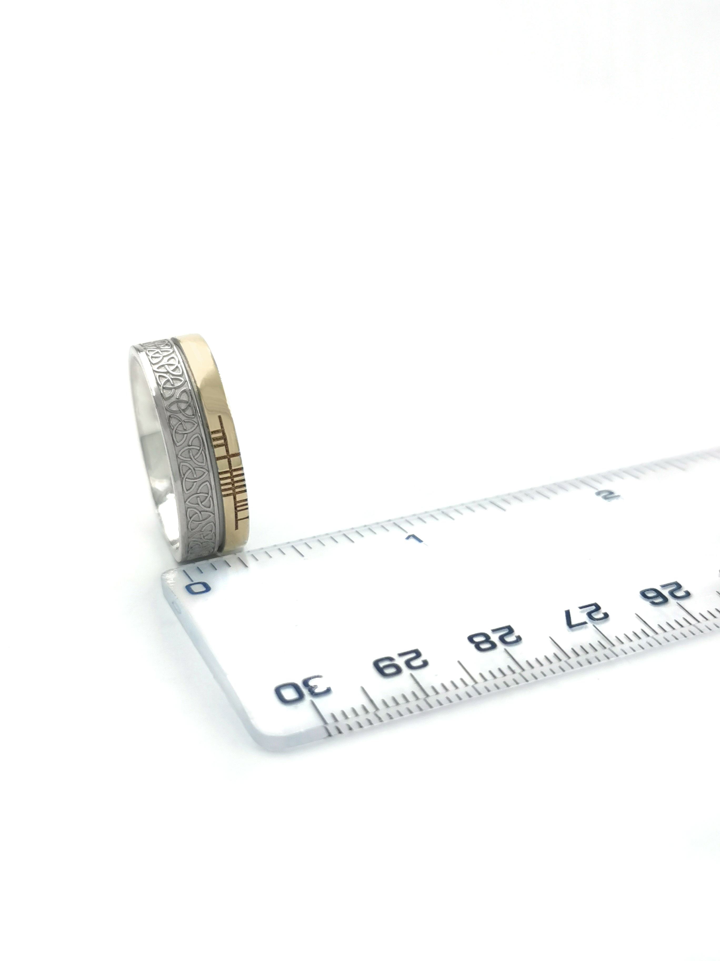 Florentine White Gold & Yellow Gold Ogham & Trinity Knot 7.3mm Ring. Picture For Scale.