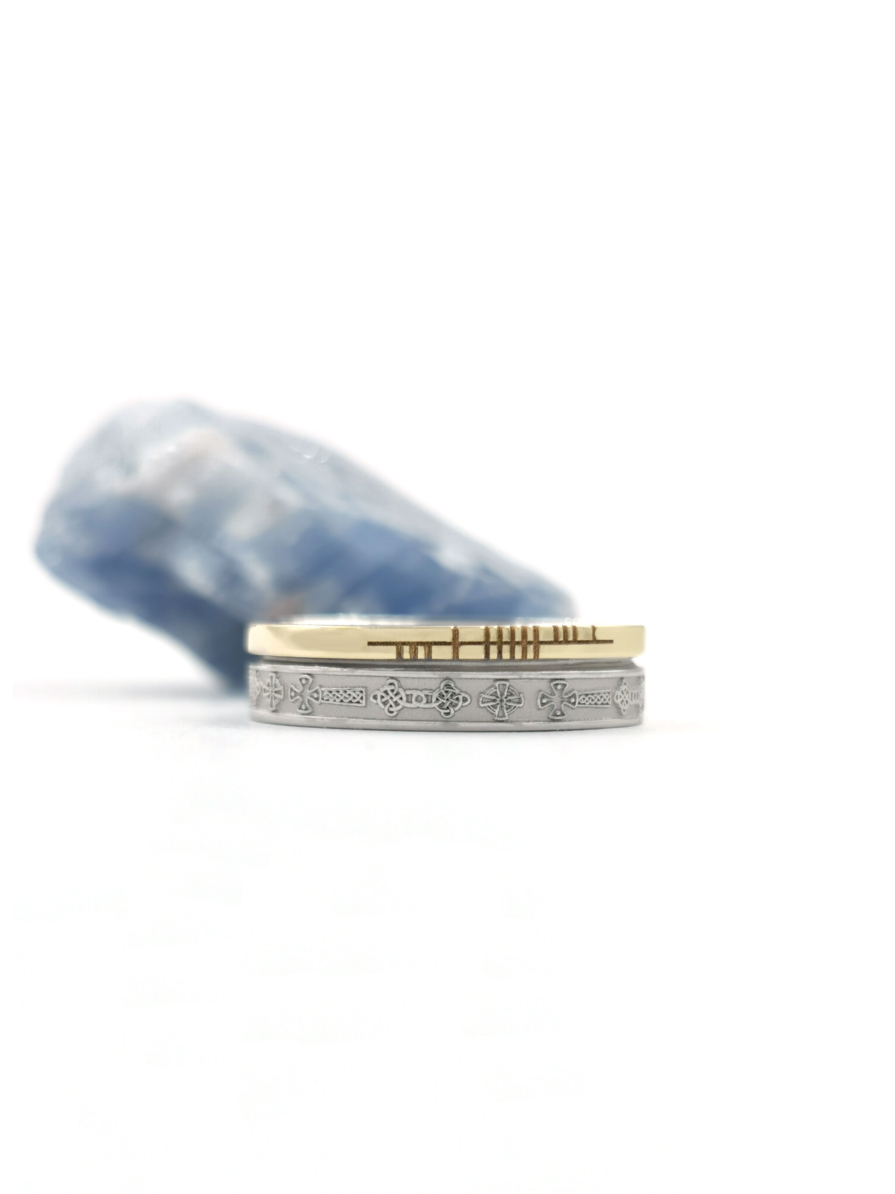 Attractive 10K White Gold & Yellow Gold Celtic Cross & Ogham 5.2mm Ring With a Florentine Finish