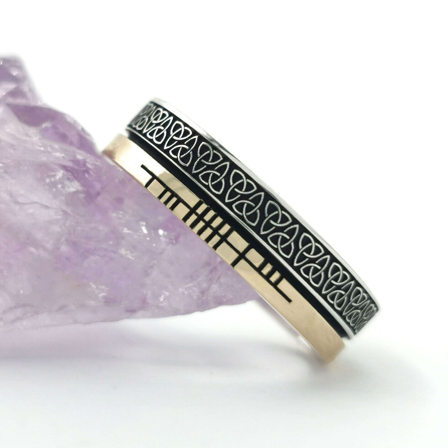 Striking Oxidized Sterling Silver & 10K Yellow Gold Ogham 7.3mm Ring