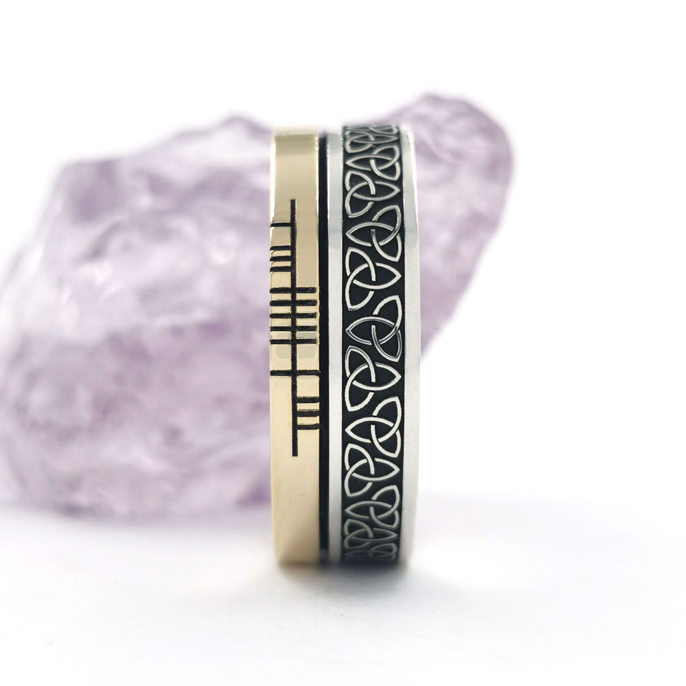 Authentic Sterling Silver & 10K Yellow Gold Ogham 7.3mm Ring With a Oxidized Finish