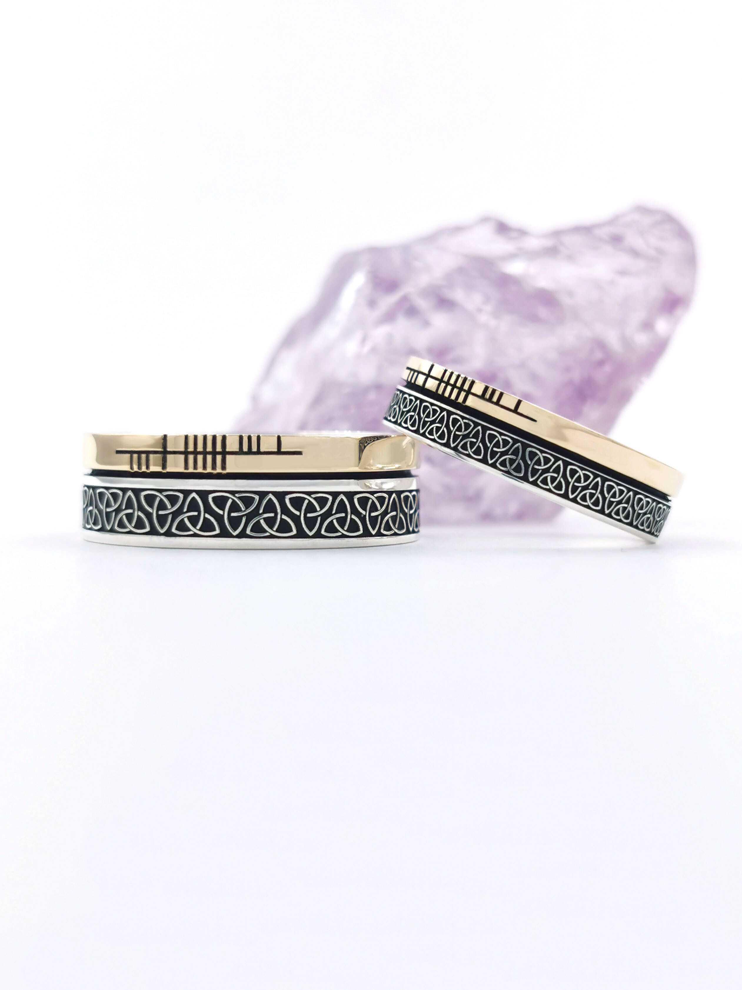 Striking Sterling Silver & 10K Yellow Gold Ogham & Trinity Knot 7.3mm Ring With a Oxidized Finish