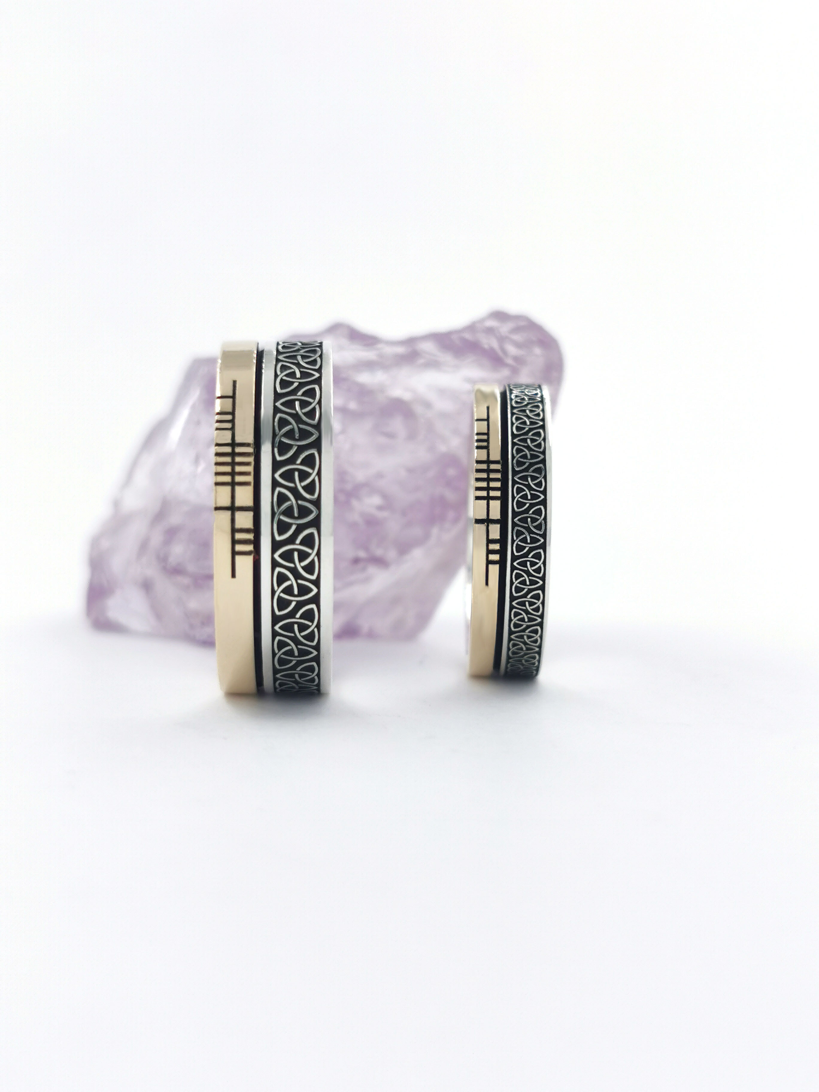 Irish Sterling Silver & 10K Yellow Gold Ogham & Trinity Knot Wedding Ring With a Oxidized Finish