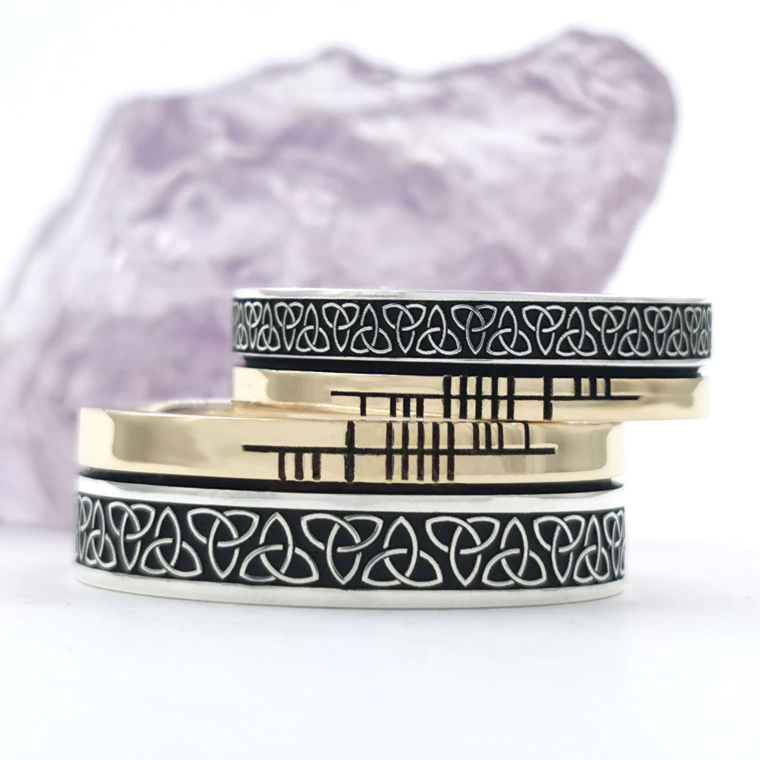 Ogham & Trinity Knot 7.3mm Ring in Sterling Silver & 10K Yellow Gold With a Oxidized Finish