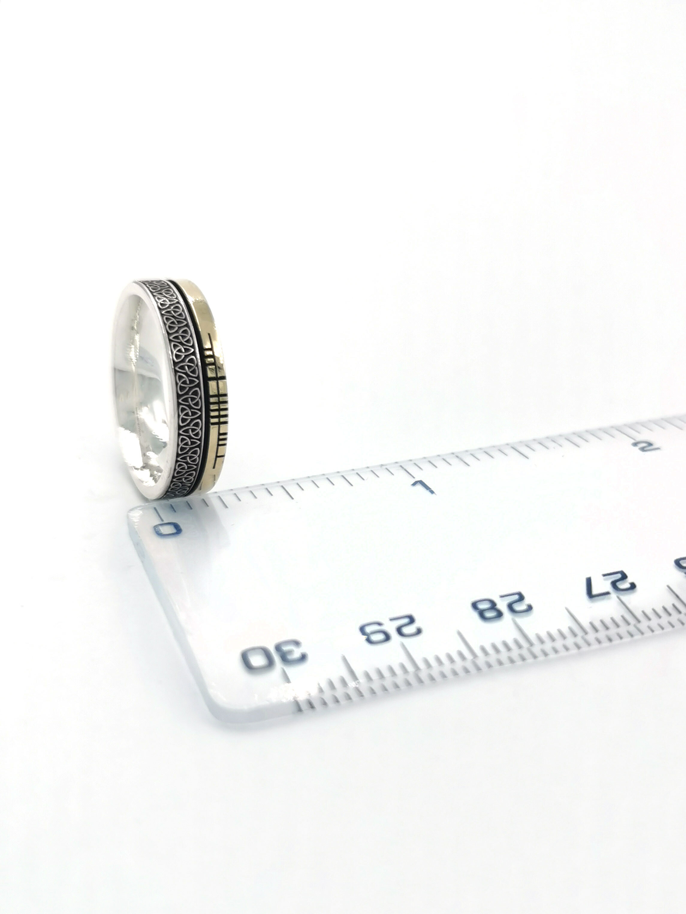 Genuine Sterling Silver & 10K Yellow Gold Ogham & Trinity Knot 5.2mm Ring With a Oxidized Finish. Picture For Scale.