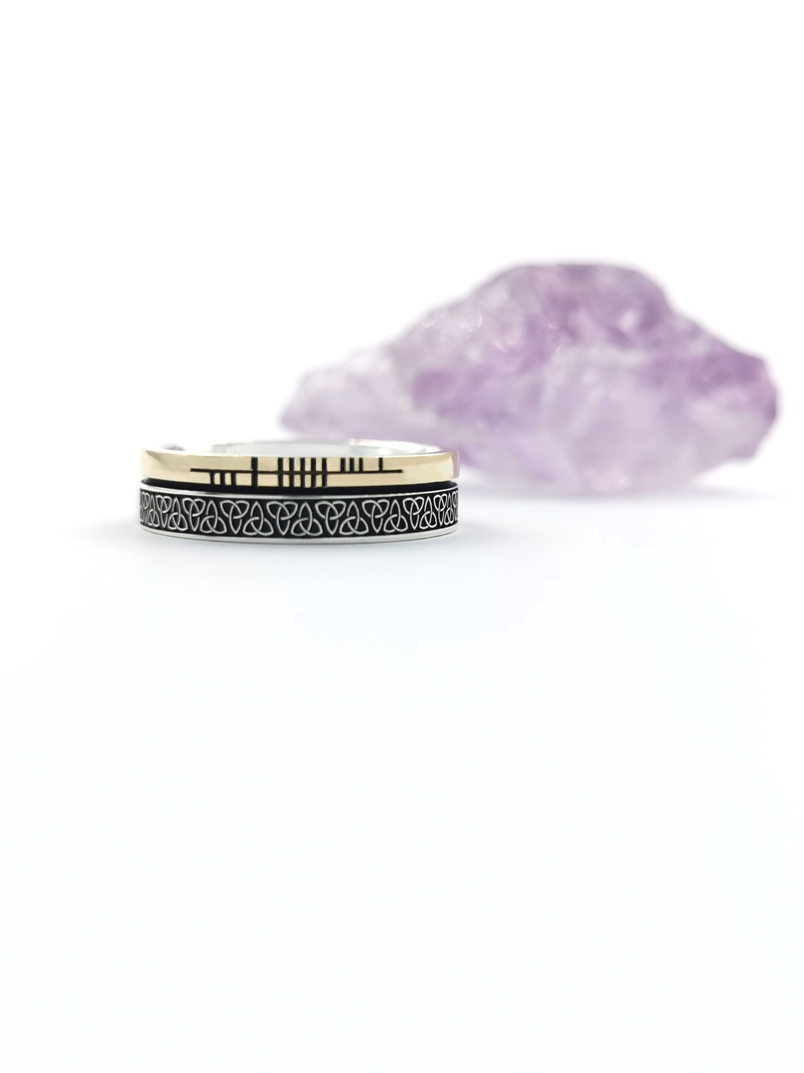 Real Sterling Silver & 10K Yellow Gold Ogham & Trinity Knot 7.3mm Ring With a Oxidized Finish