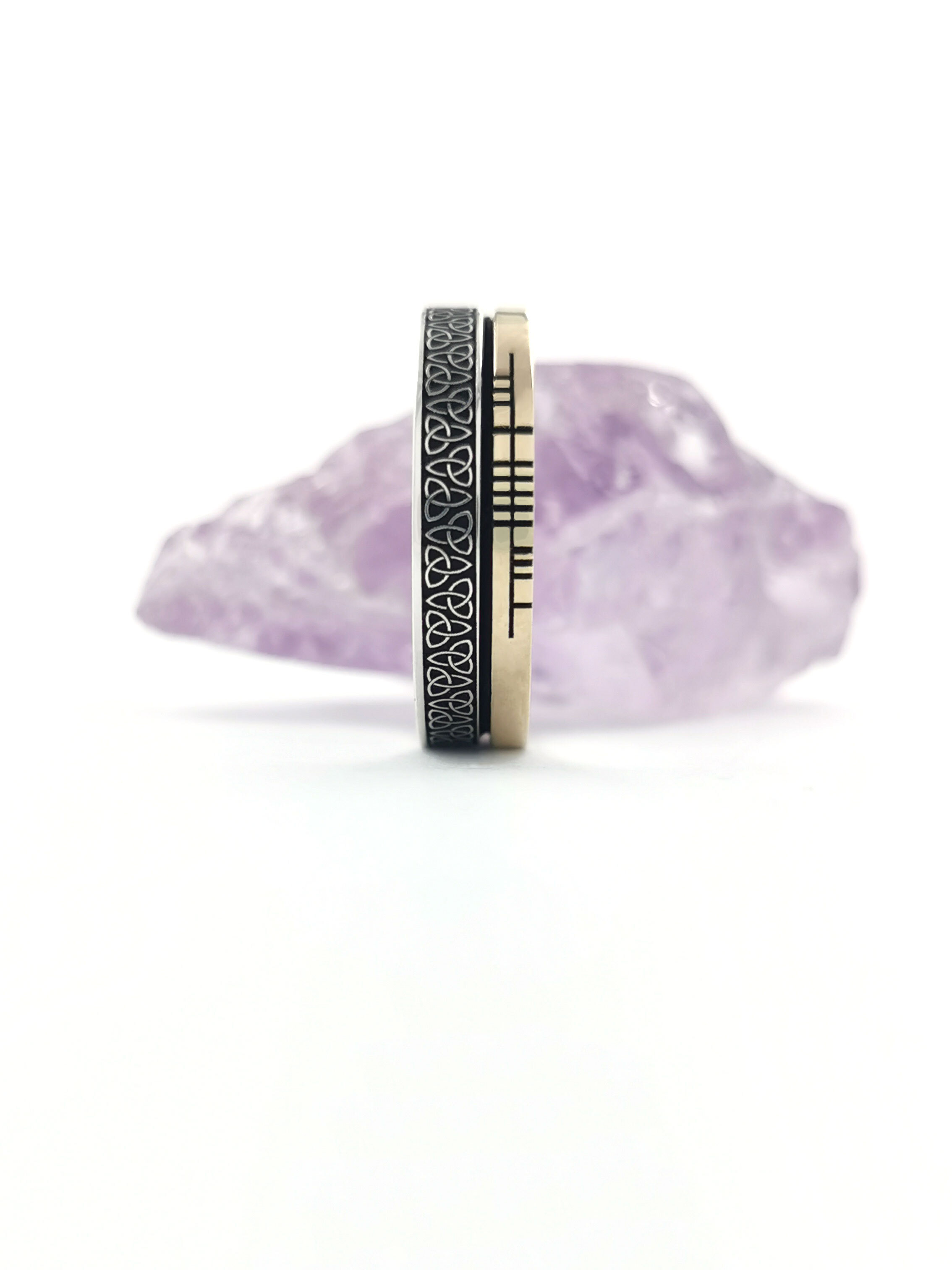 Attractive Sterling Silver & 10K Yellow Gold Ogham & Trinity Knot 7.3mm Ring With a Oxidized Finish