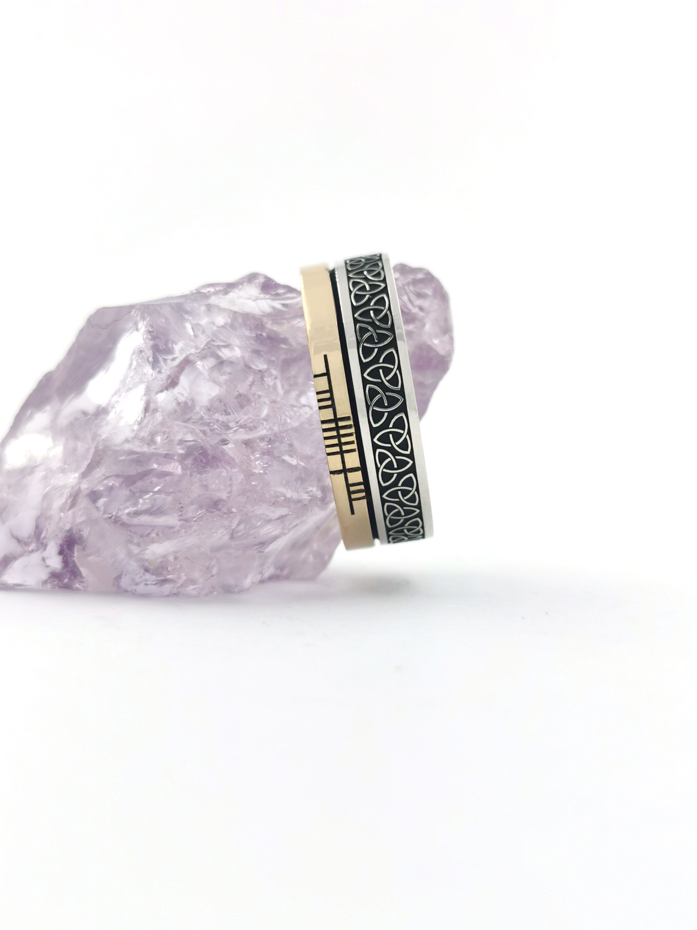 Genuine Oxidized Sterling Silver & 10K Yellow Gold Ogham & Trinity Knot Wedding Ring