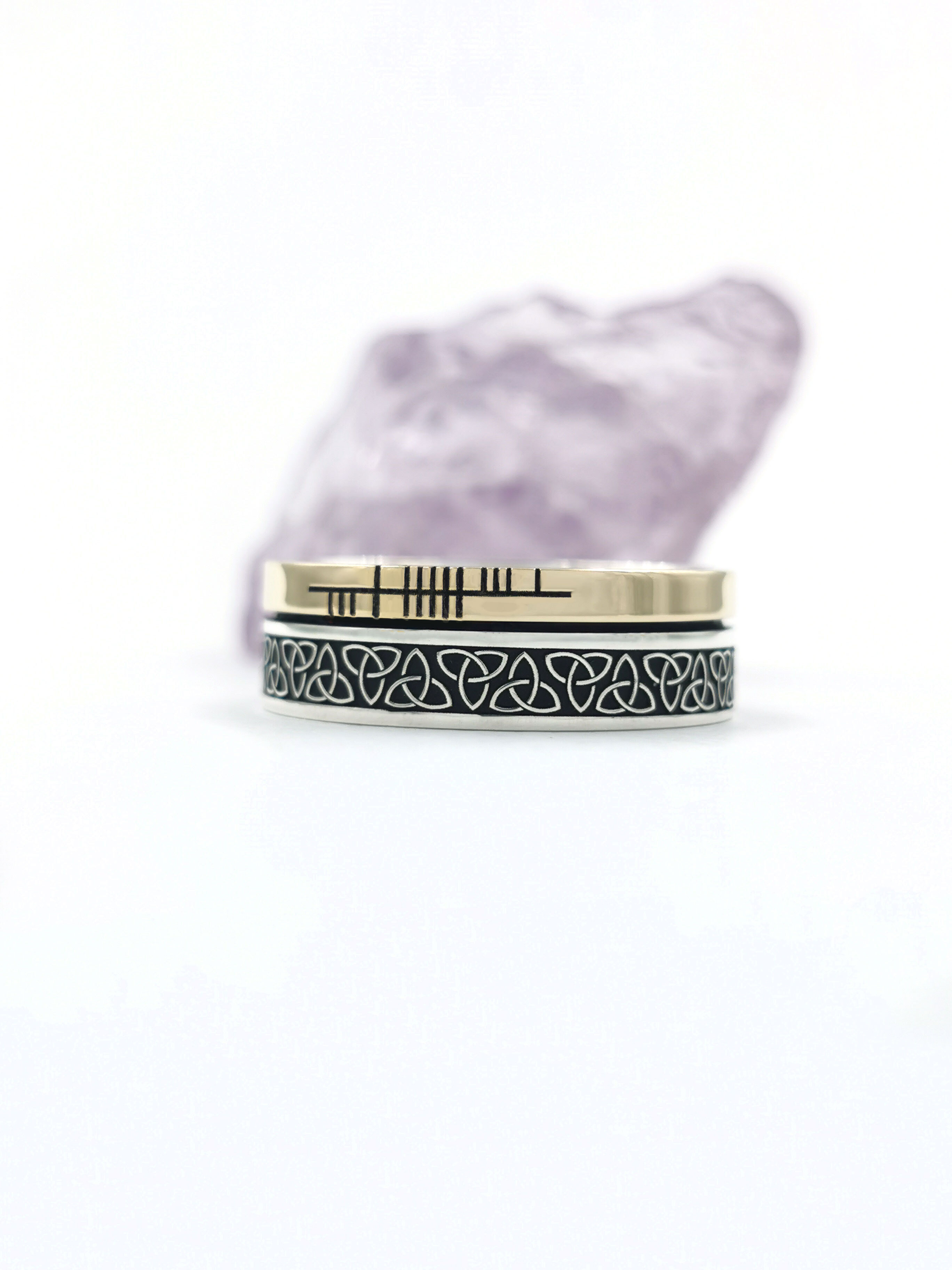 Authentic Sterling Silver & 10K Yellow Gold Ogham Wedding Ring With a Oxidized Finish