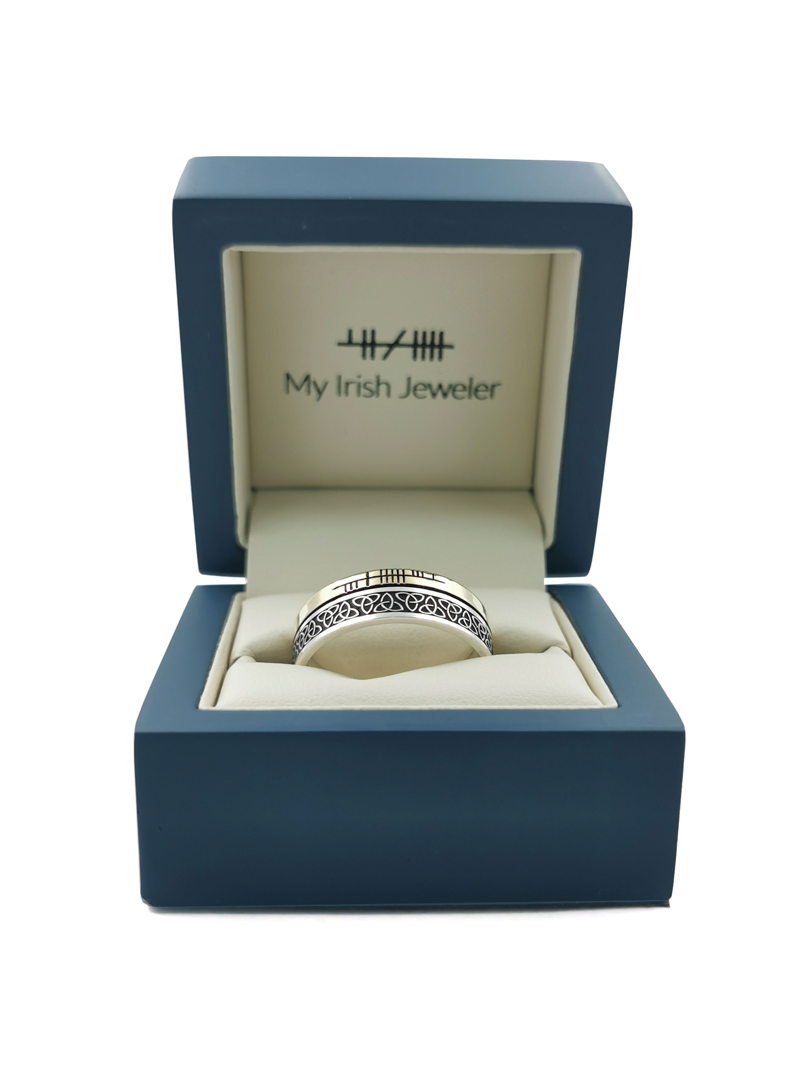 Oxidized Sterling Silver & 10K Yellow Gold Ogham & Trinity Knot 7.3mm Ring. In Luxury Packaging.