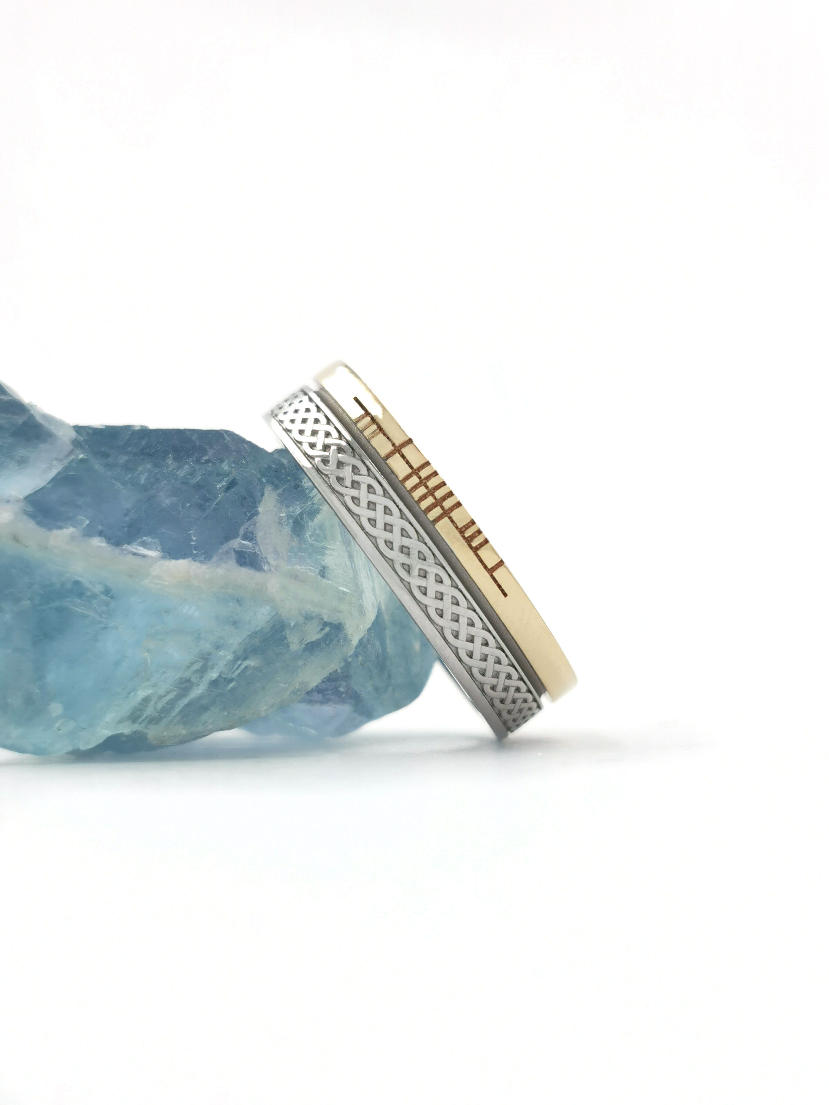 Genuine White Gold & Yellow Gold Ogham & Celtic Knot 7.3mm Ring With a Florentine Finish