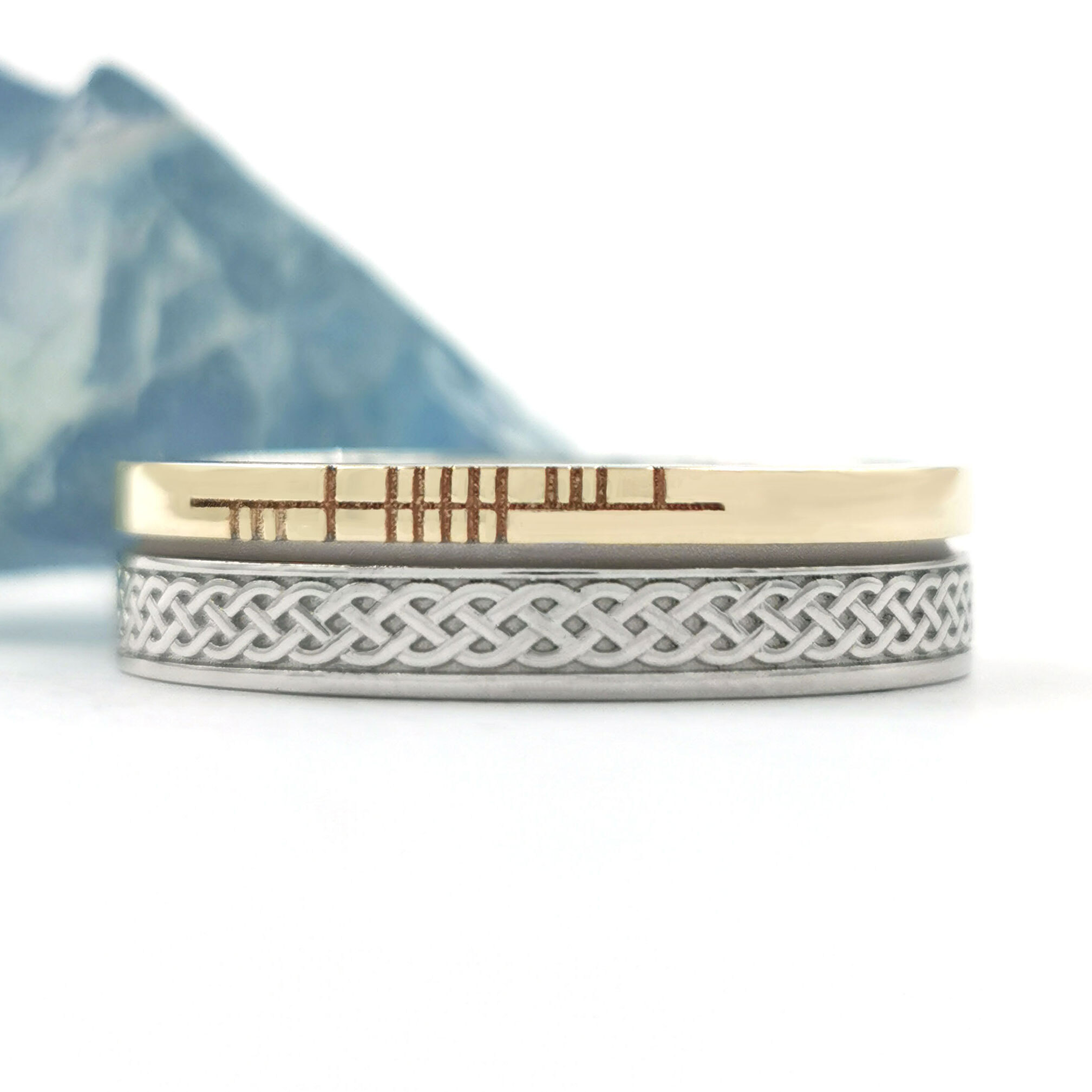Florentine White Gold & Yellow Gold Ogham & Celtic Knot Ring