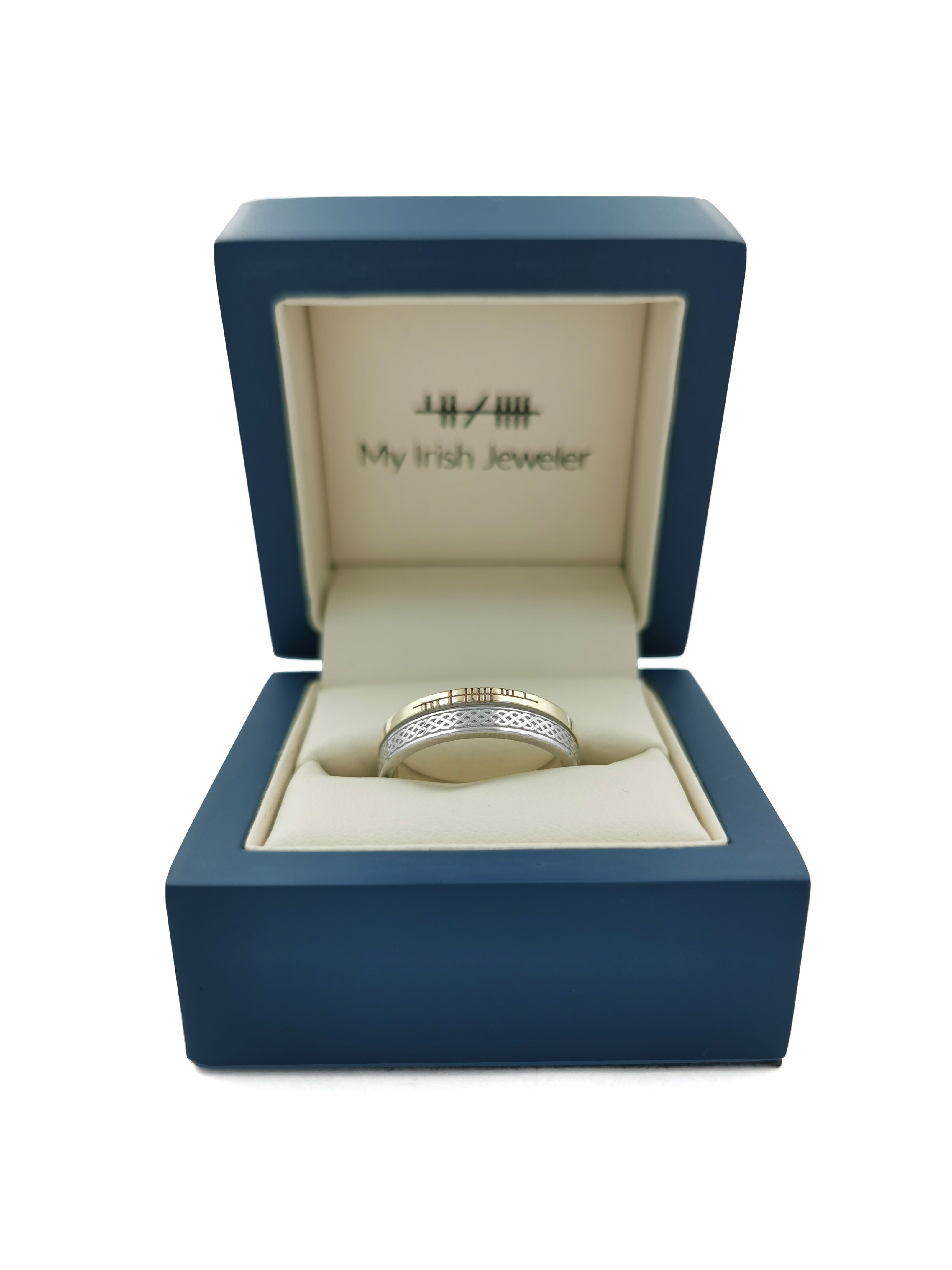 Irish Florentine 10K White Gold & Yellow Gold Ogham & Celtic Knot 7.3mm Ring. In Luxury Packaging.