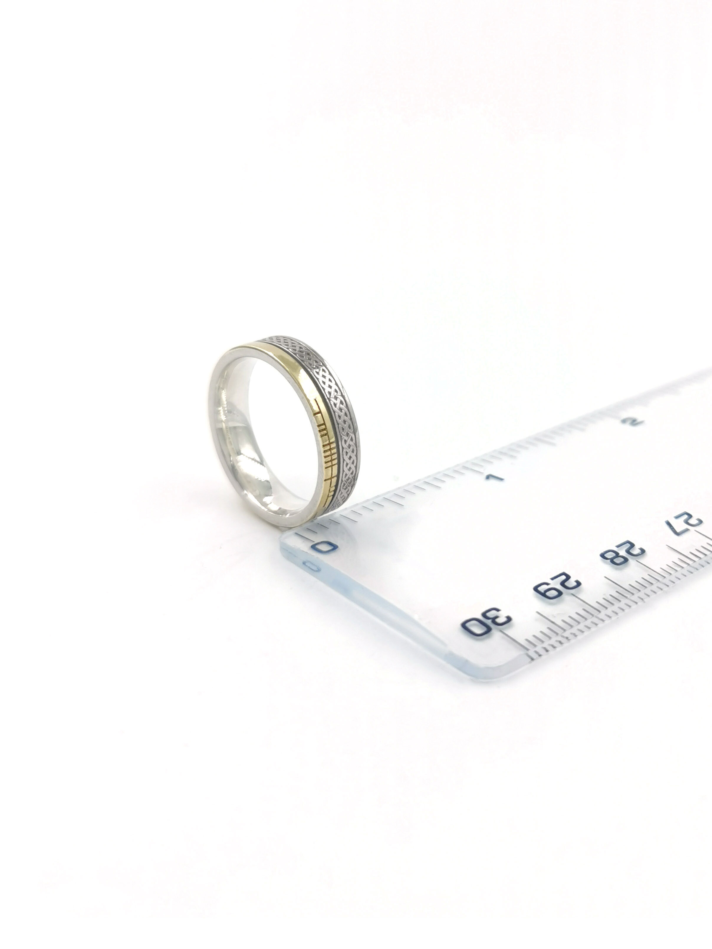 Irish Florentine White Gold Ogham & Celtic Knot 5.2mm Ring. In Luxury Packaging.