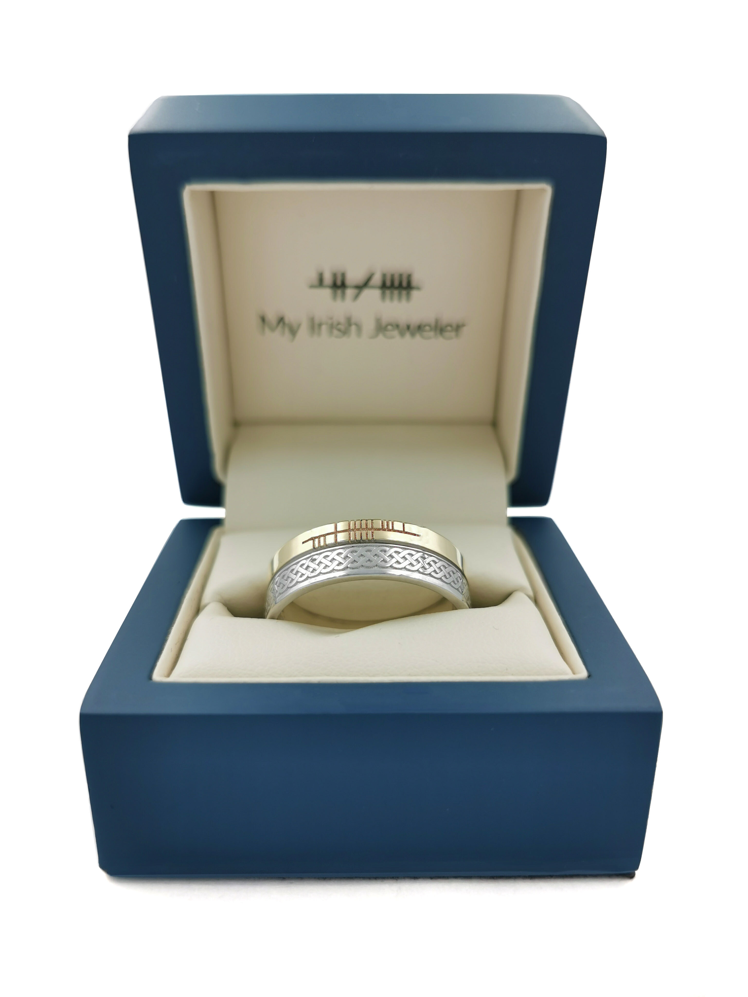 Florentine Sterling Silver & 10K Yellow Gold Ogham & Celtic Knot Wedding Ring. In Luxury Packaging.