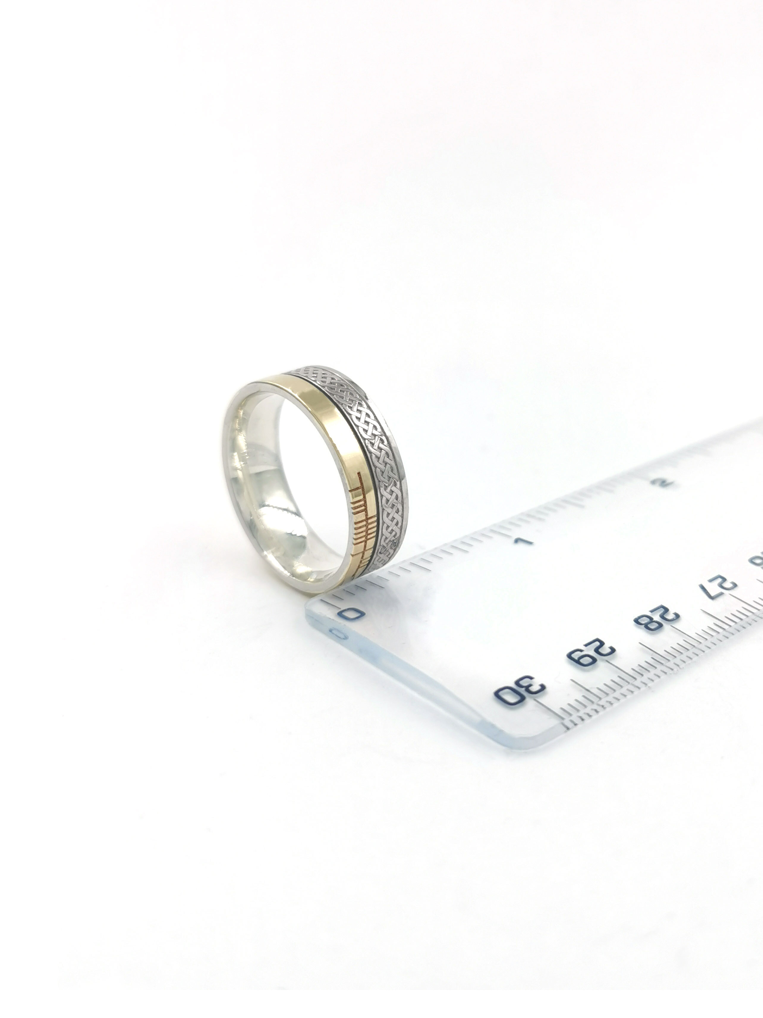 Florentine Ogham & Celtic Knot Wedding Ring in Real Sterling Silver & 10K Yellow Gold. Picture For Scale.