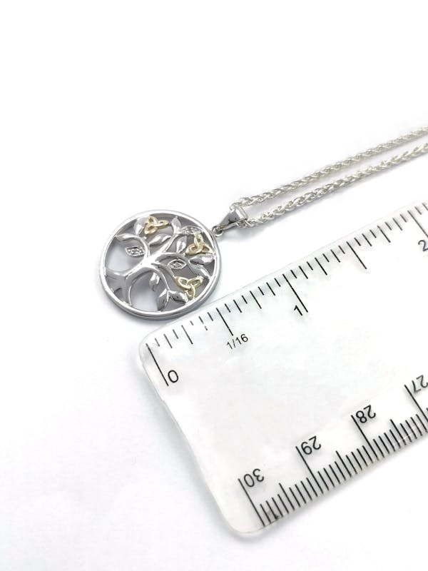 Irish Sterling Silver & Yellow Gold Tree of Life Necklace For Women. Picture For Scale.