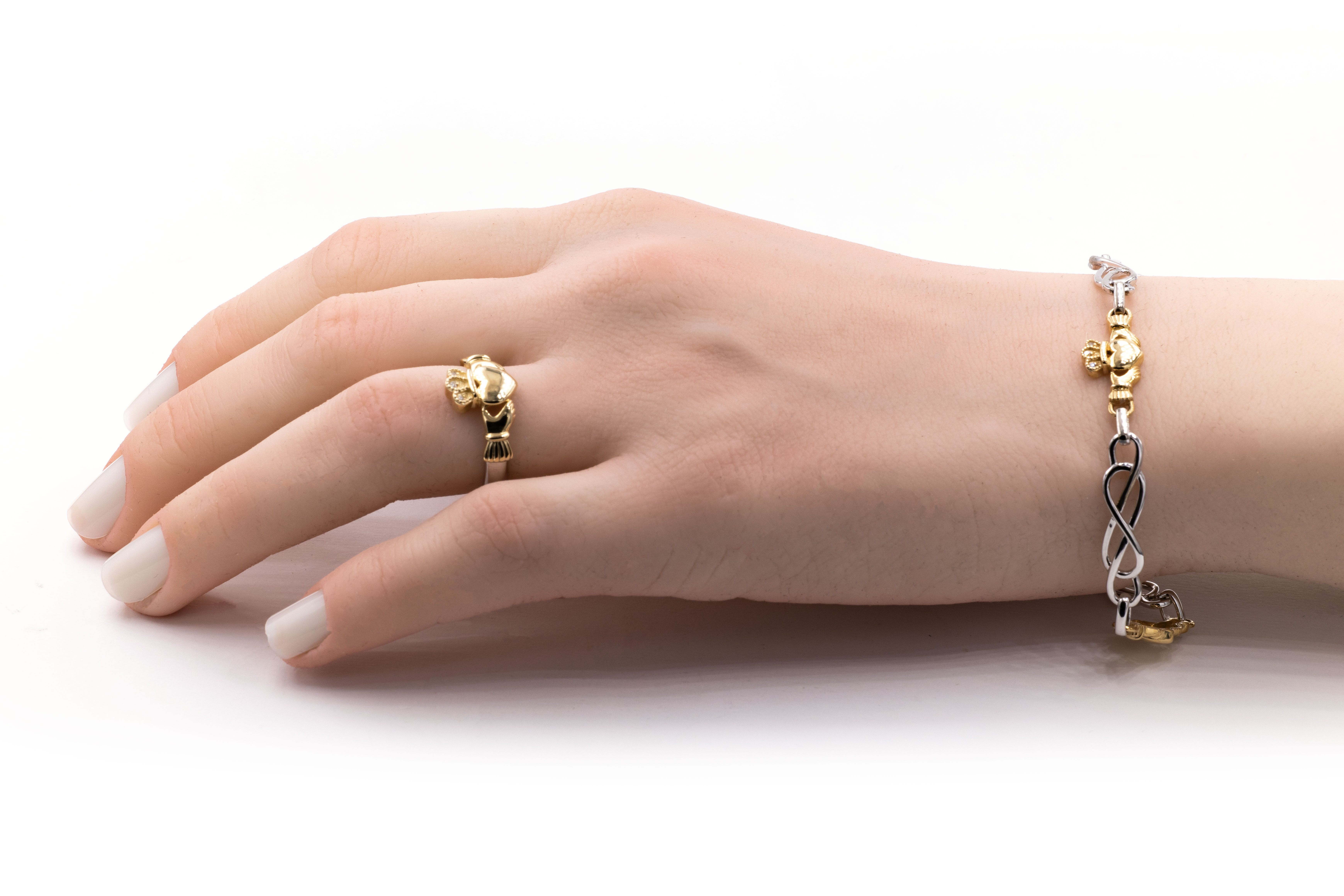 Womens Claddagh & Celtic Knot Bracelet in Real Sterling Silver & 10K Yellow Gold