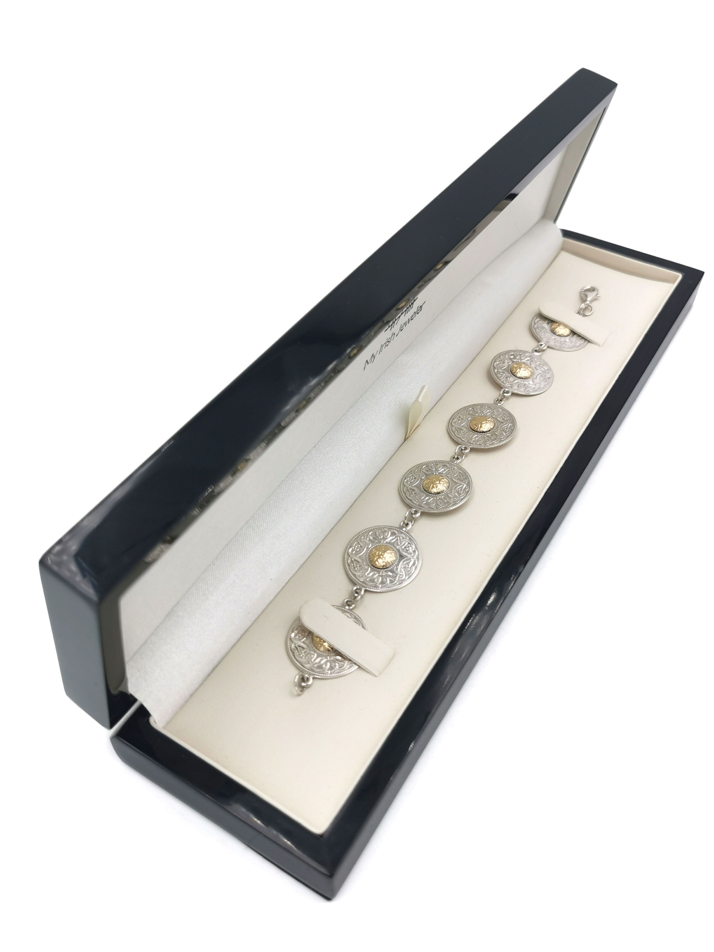 Womens Large Celtic Warrior & Celtic Knot Bracelet in Real Sterling Silver & Yellow Gold. In Luxury Packaging.