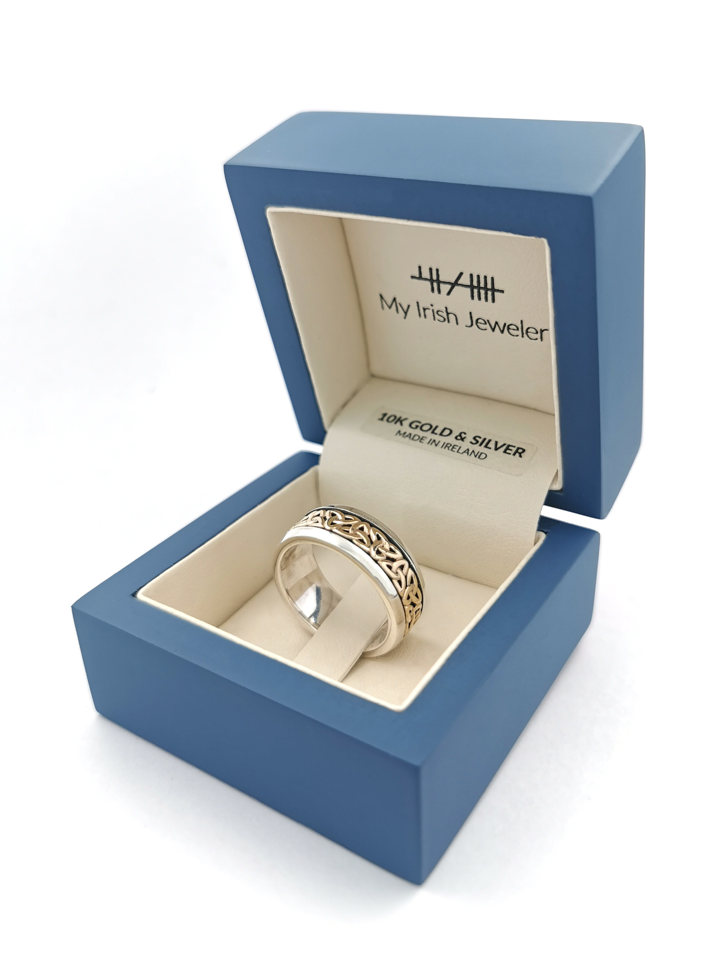 Striking Sterling Silver & 10K Yellow Gold Celtic Knot & Trinity Knot 8.0mm Ring For Men With a Oxidized Finish. In Luxury Packaging.