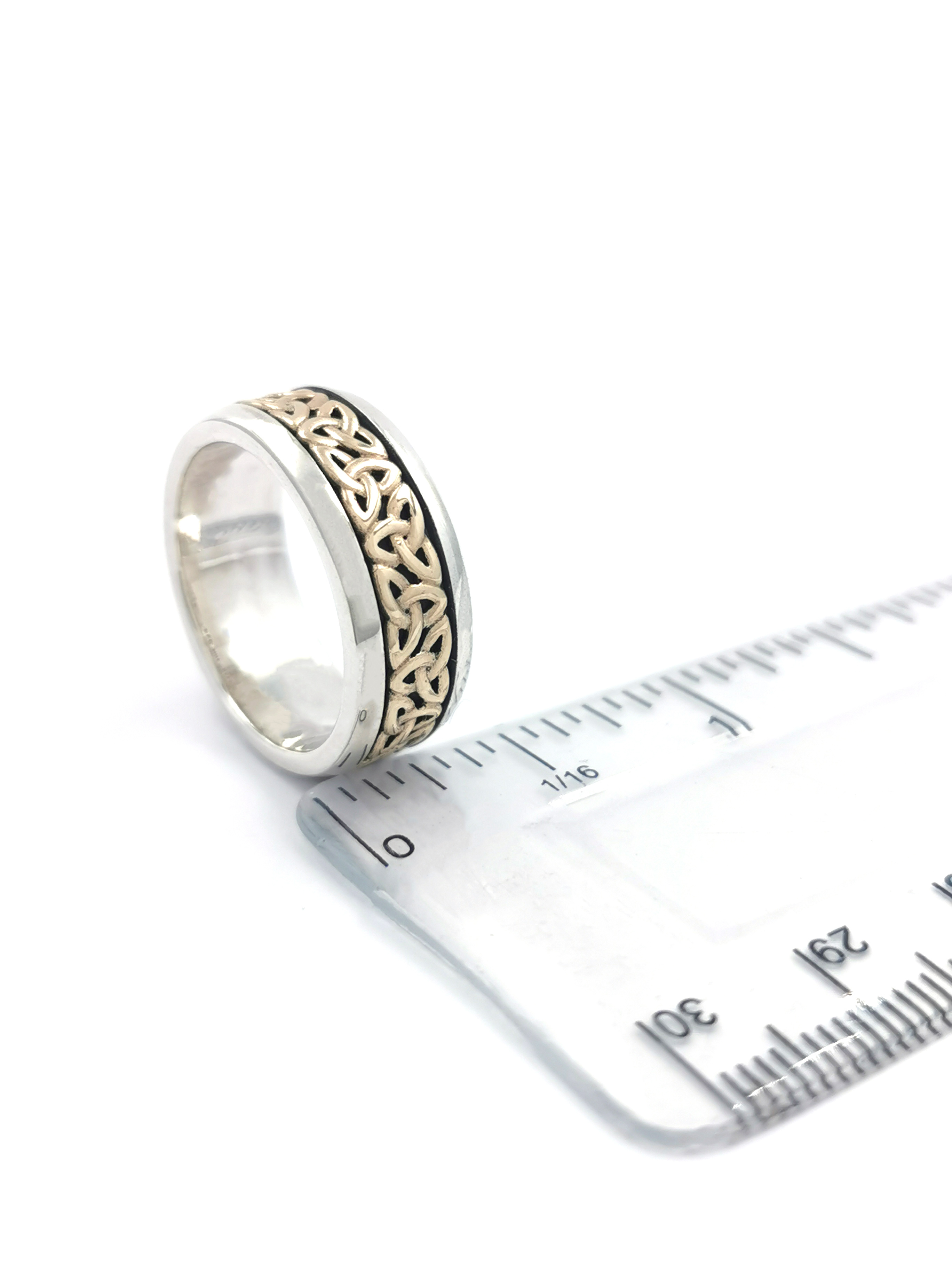 Genuine Sterling Silver & 10K Yellow Gold Celtic Knot & Trinity Knot Ring With a Oxidised Finish For Men. Picture For Scale.