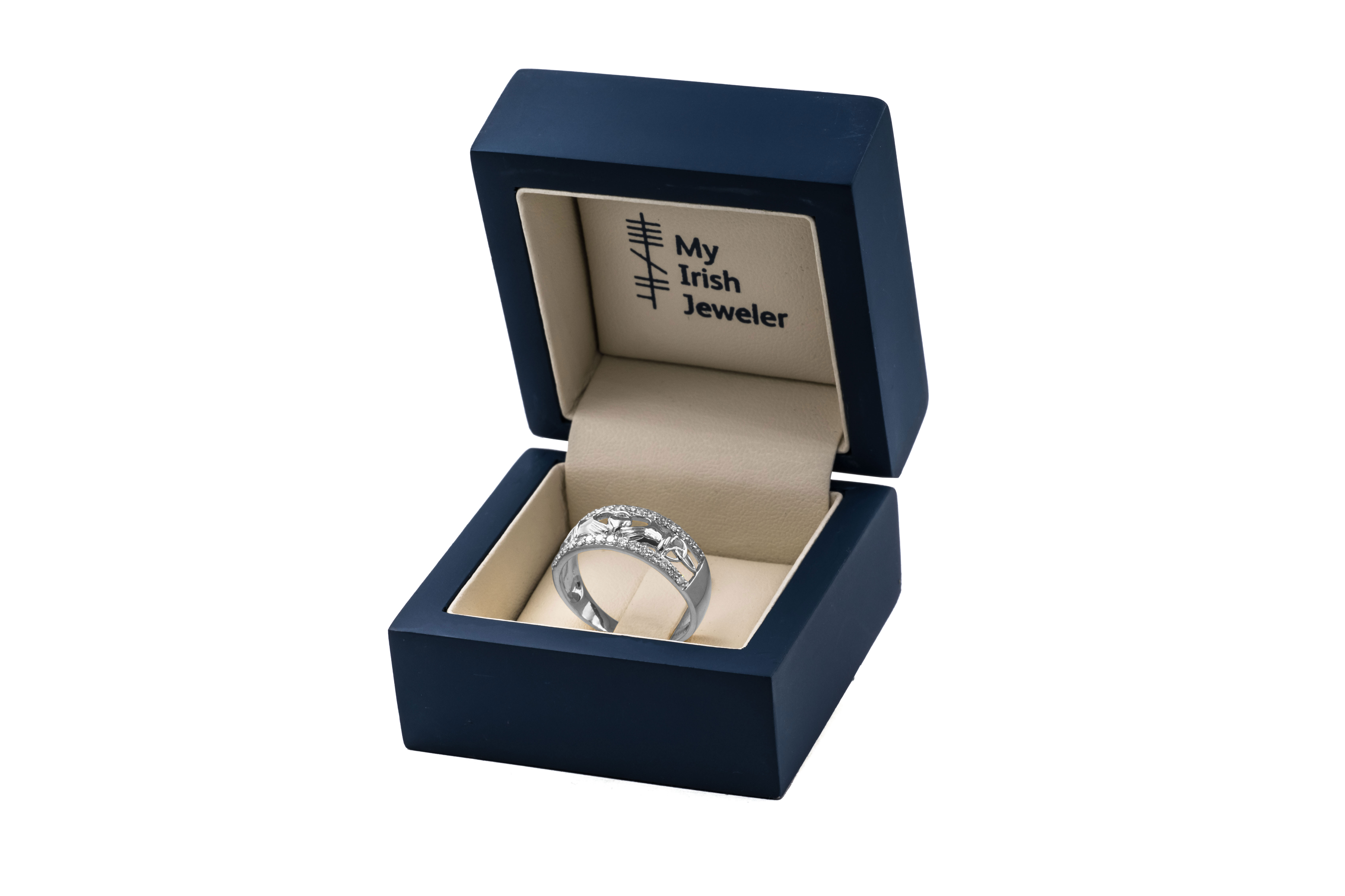 Attractive 14K White Gold Claddagh & Trinity Knot Ring With a Polished Finish For Women