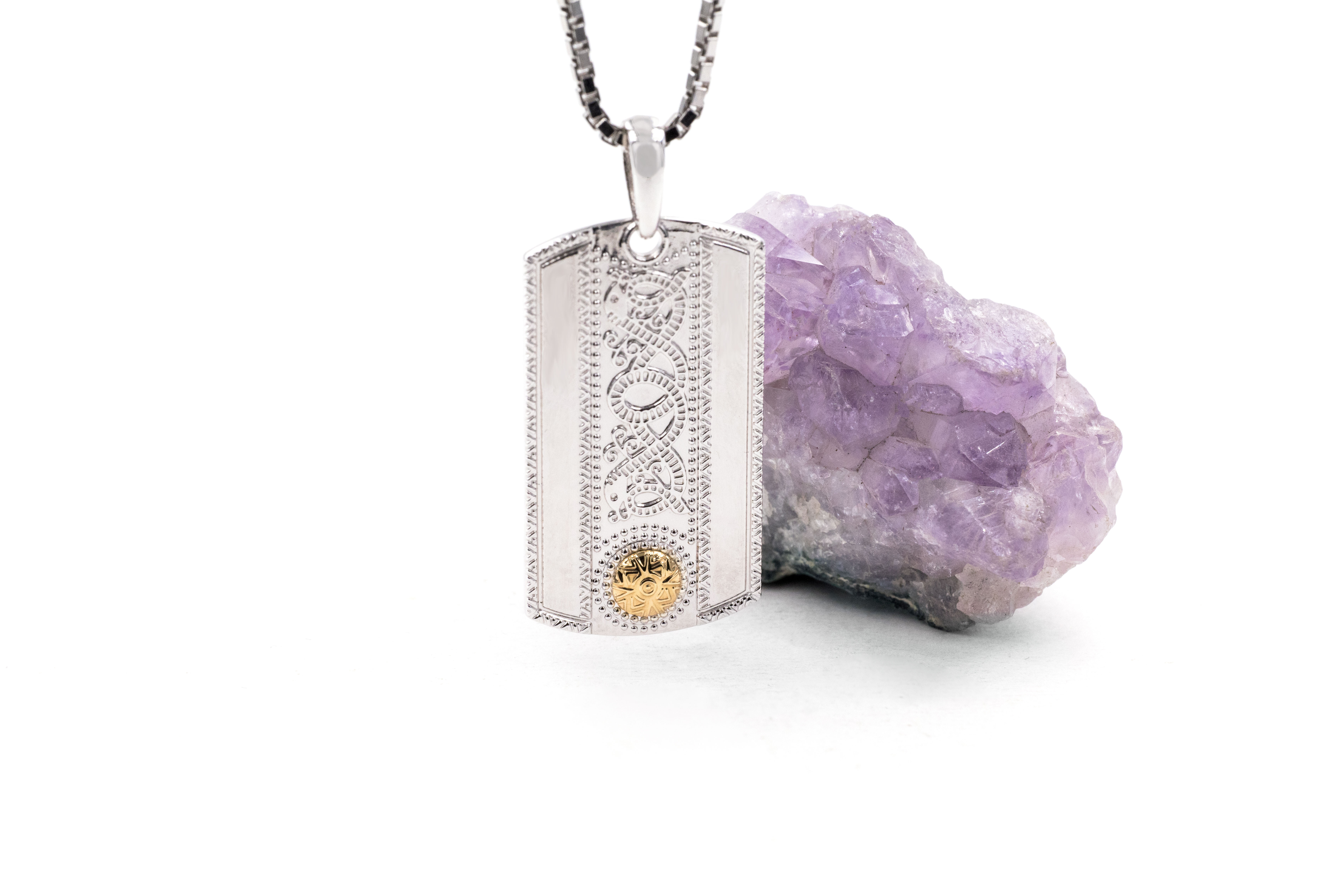 Mens Luxurious Polished Sterling Silver & 18K Yellow Gold Celtic Warrior Necklace