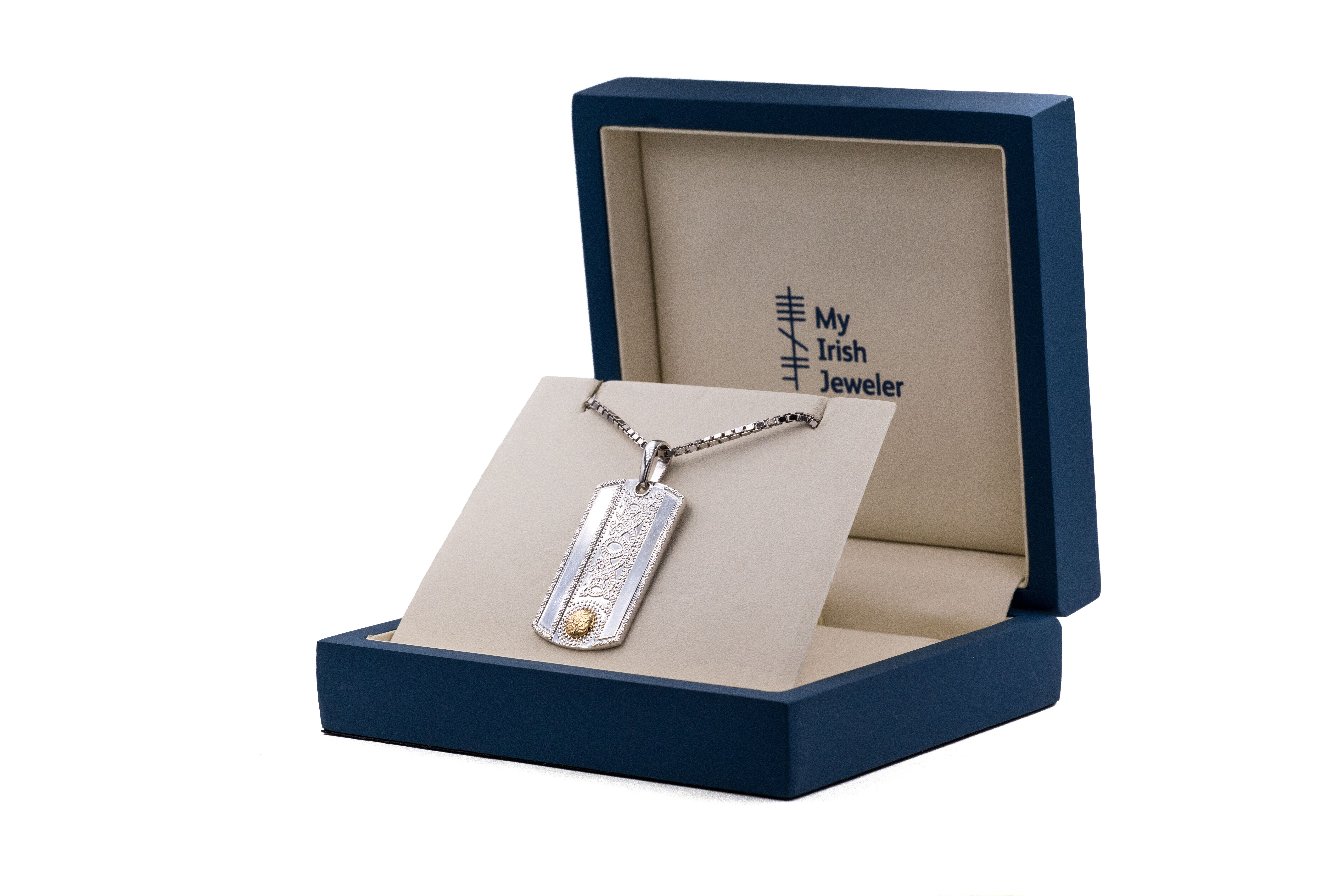 Attractive Sterling Silver & 18K Yellow Gold Celtic Warrior Necklace With a Polished Finish For Men. In Luxury Packaging.