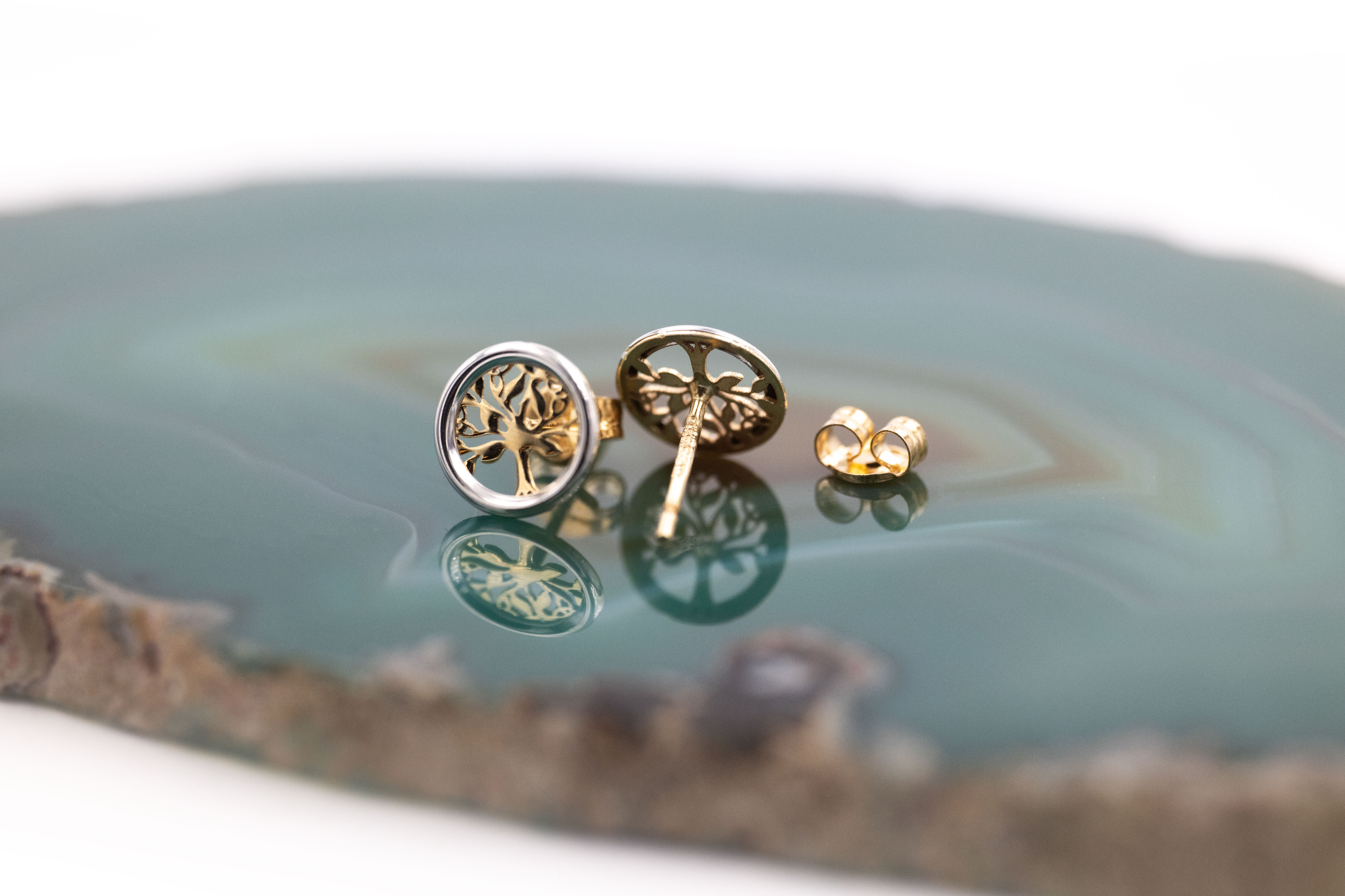 Womens Tree of Life Earrings in Yellow Gold & White Gold With a Polished Finish