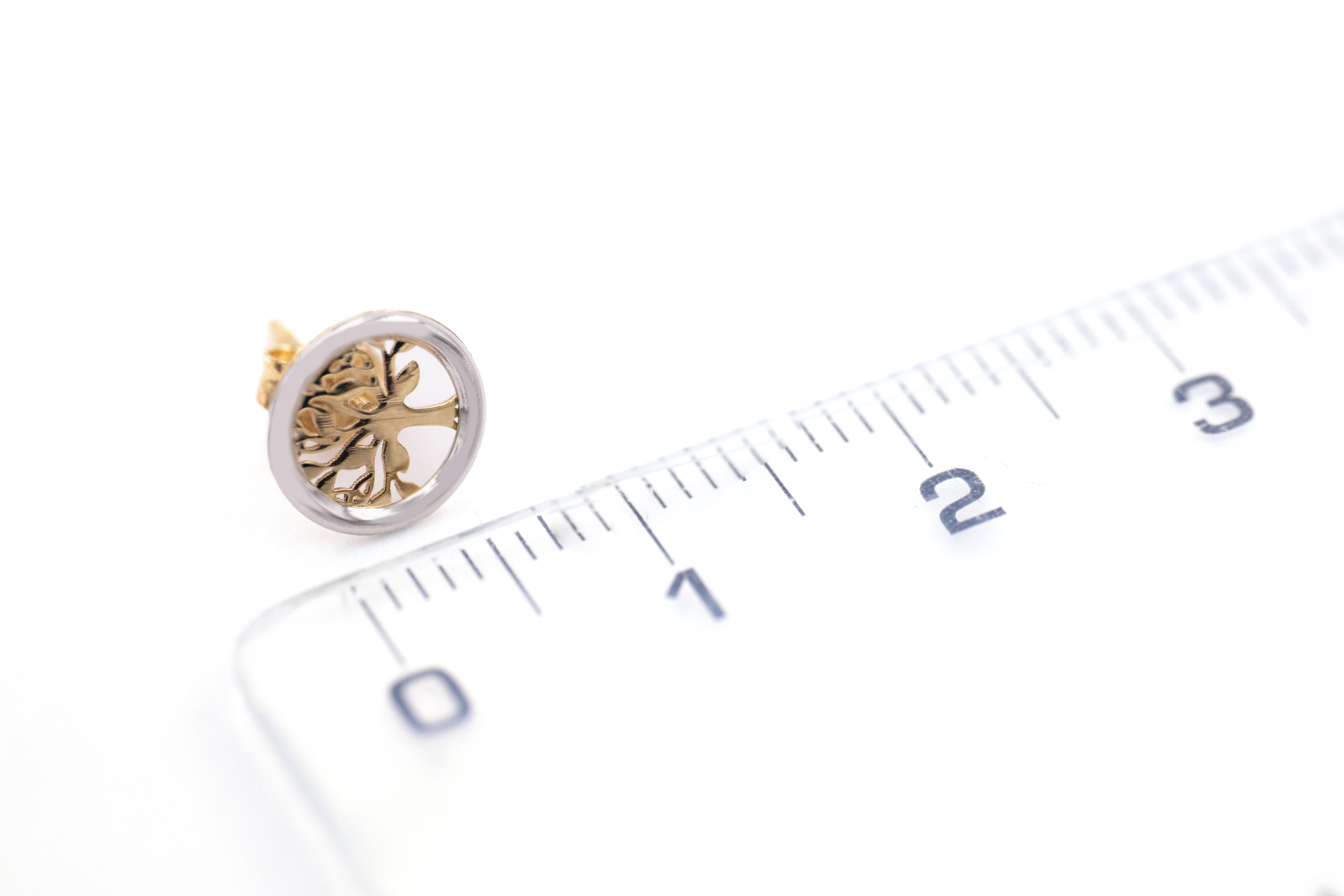 Womens Polished Tree of Life Earrings in Real Yellow Gold & White Gold. Picture For Scale.