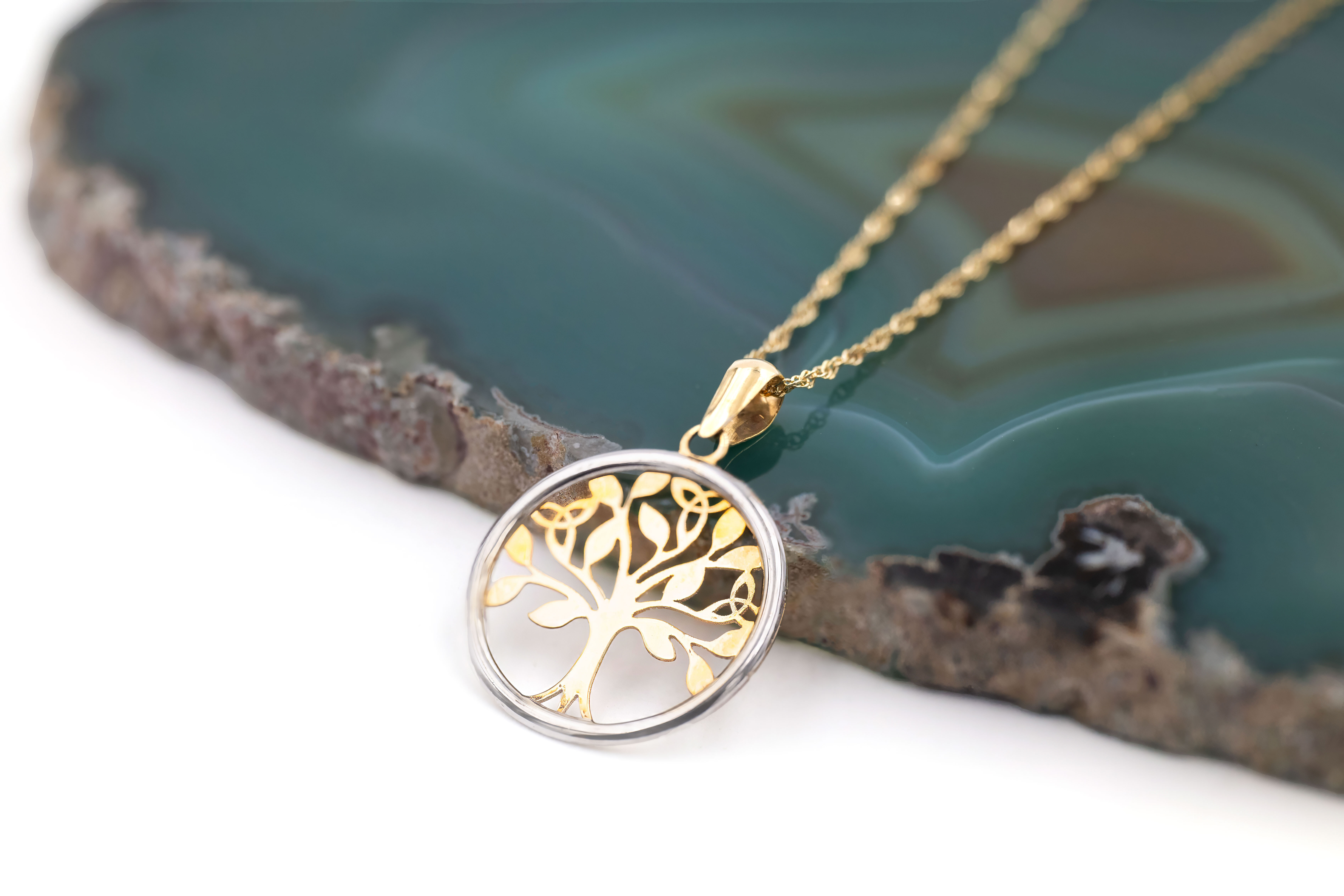 Womens Genuine Polished Yellow Gold & White Gold Tree of Life Necklace