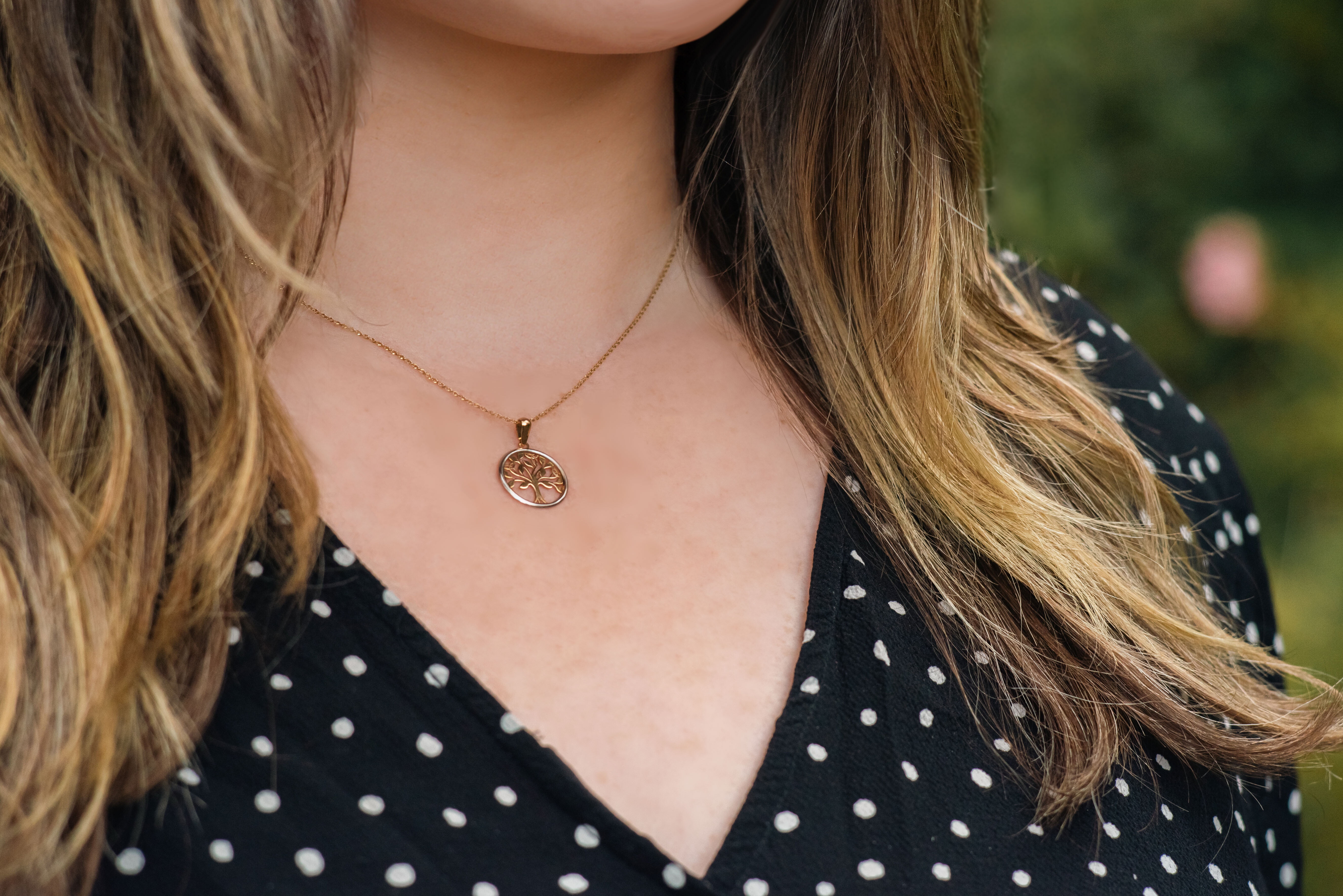 Attractive Yellow Gold & White Gold Tree of Life Necklace With a Polished Finish For Women - Model Photo