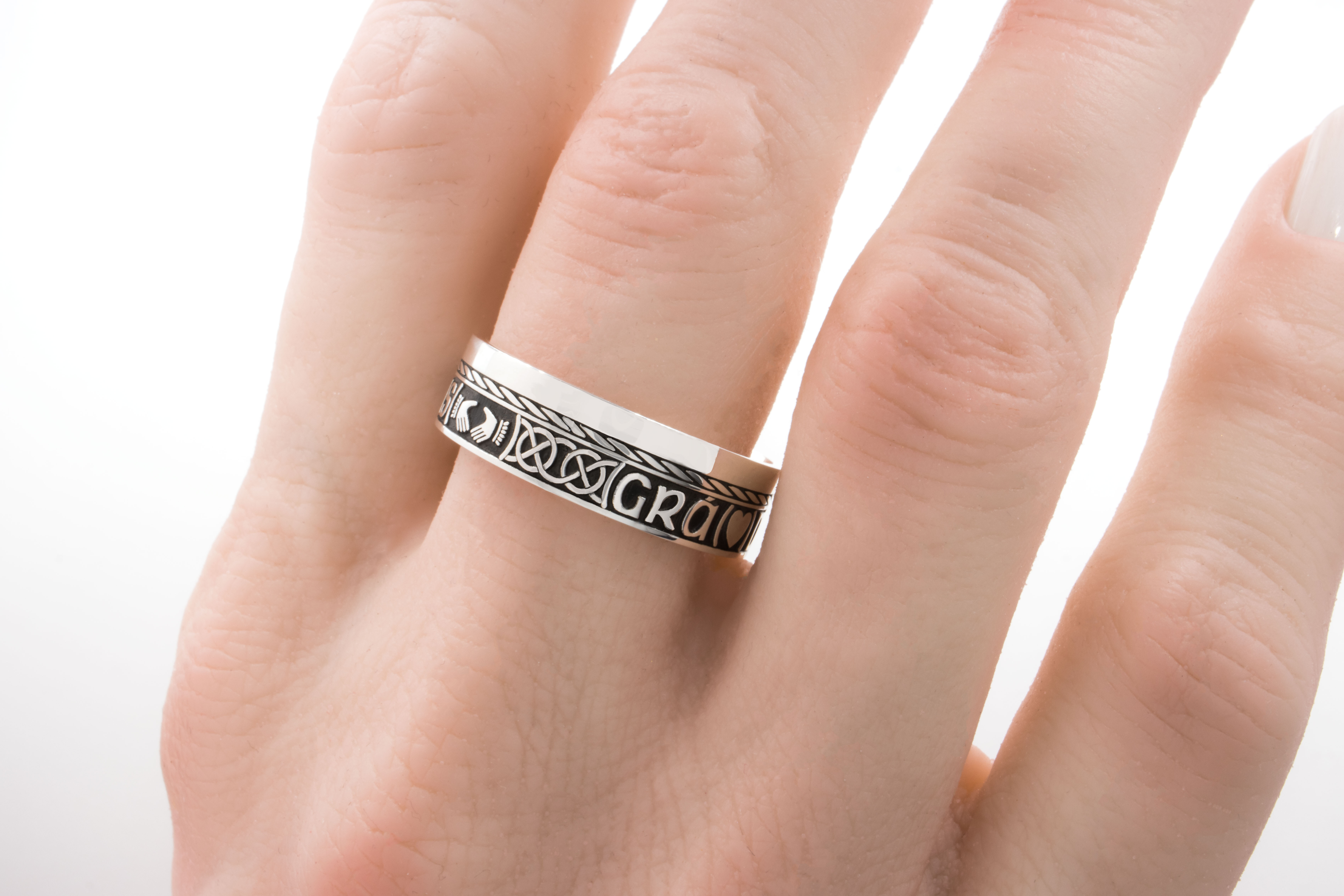 Grá Dílseacht Cairdeas Ring with Claddagh Symbols,… My Irish Jeweler