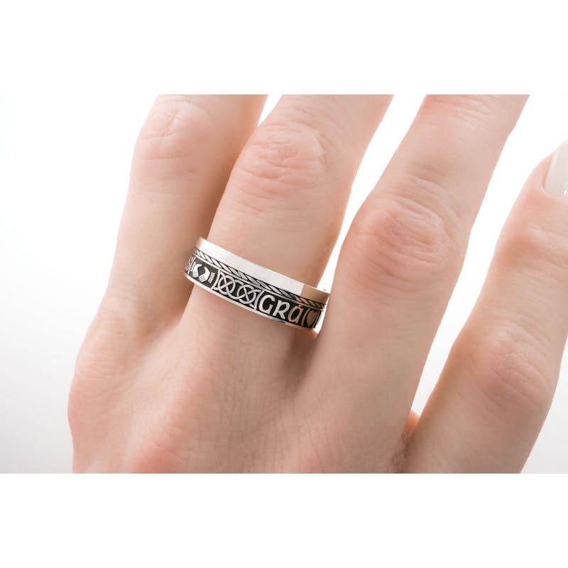 Grá Dílseacht Cairdeas Ring with Claddagh Symbols,… My Irish Jeweler