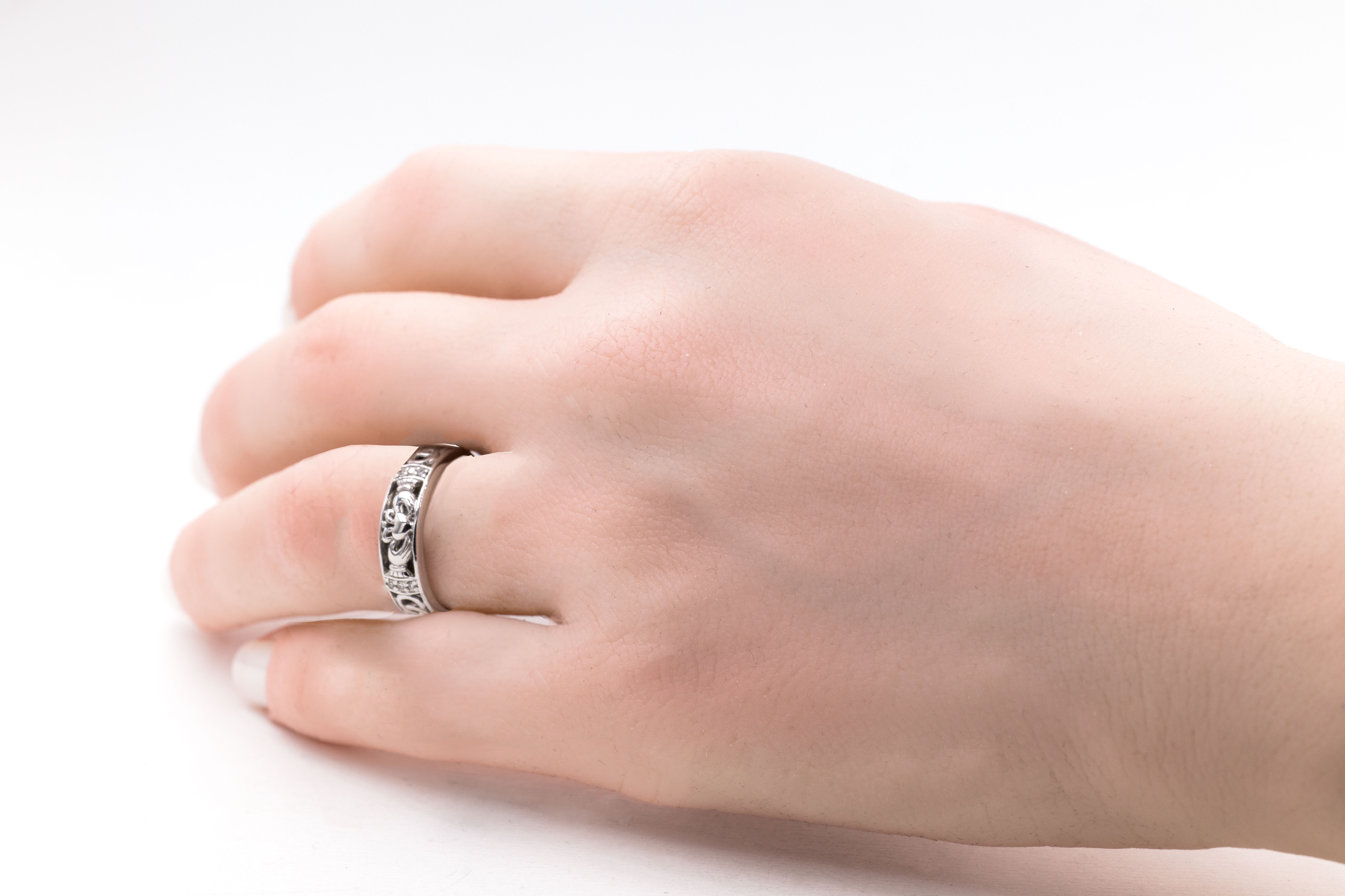 Womens White Gold Claddagh Ring - Model Photo