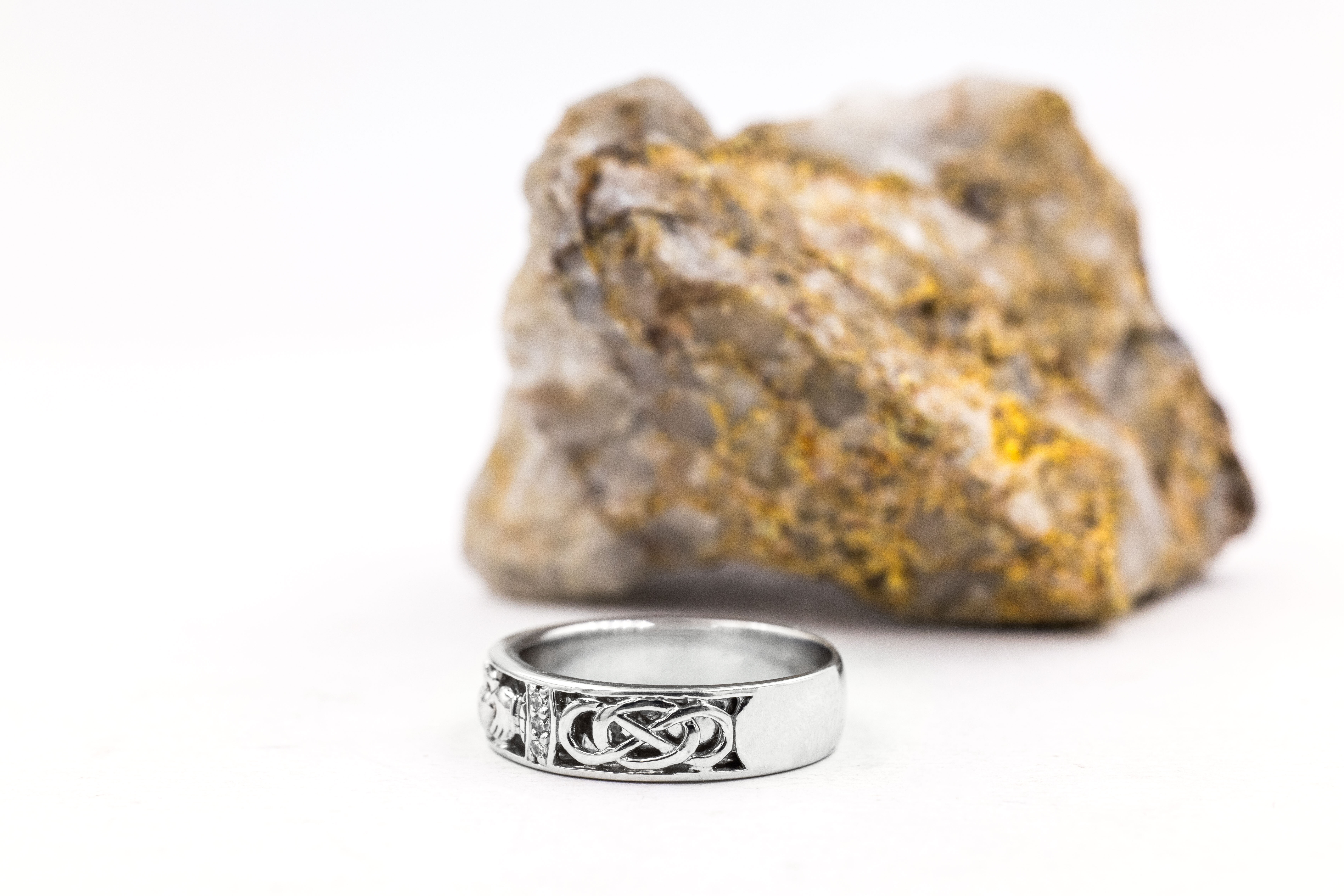 Striking White Gold Claddagh Wedding Ring For Women. Side View.