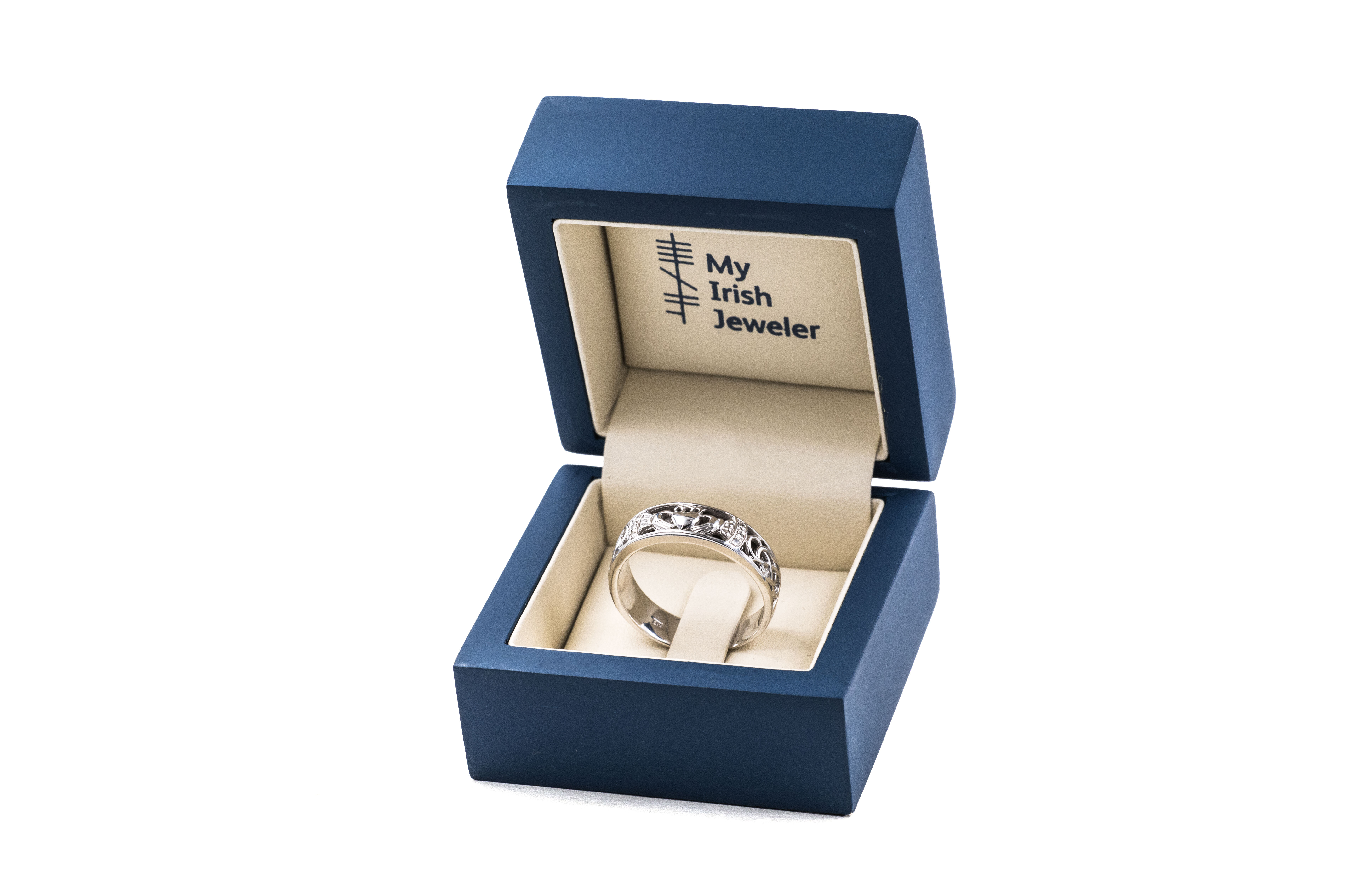 Mens Striking White Gold Claddagh 5.0mm Ring. In Luxury Packaging.