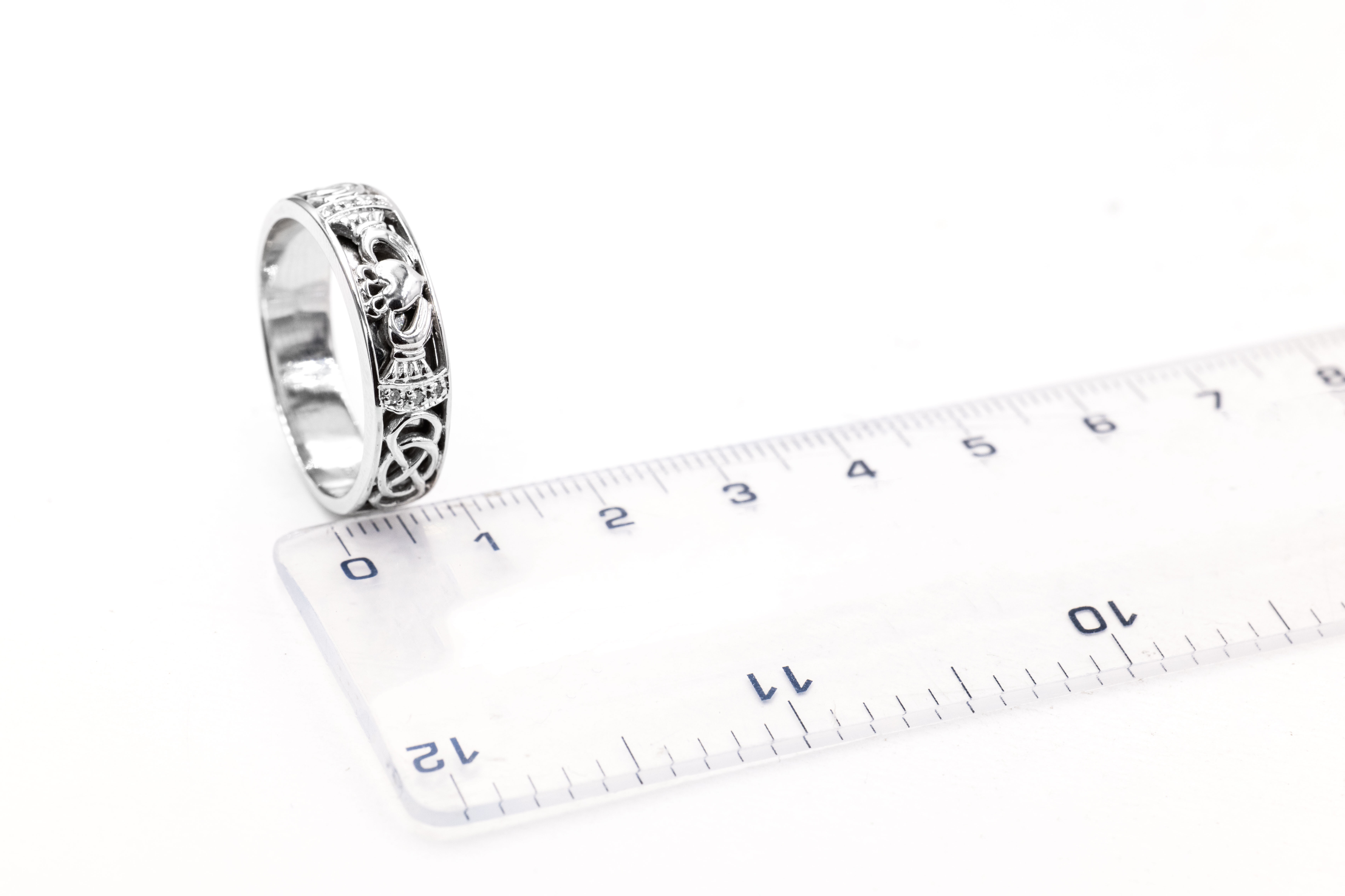 Mens Claddagh & Celtic Knot 7.0mm Ring in 14K White Gold. Picture For Scale.